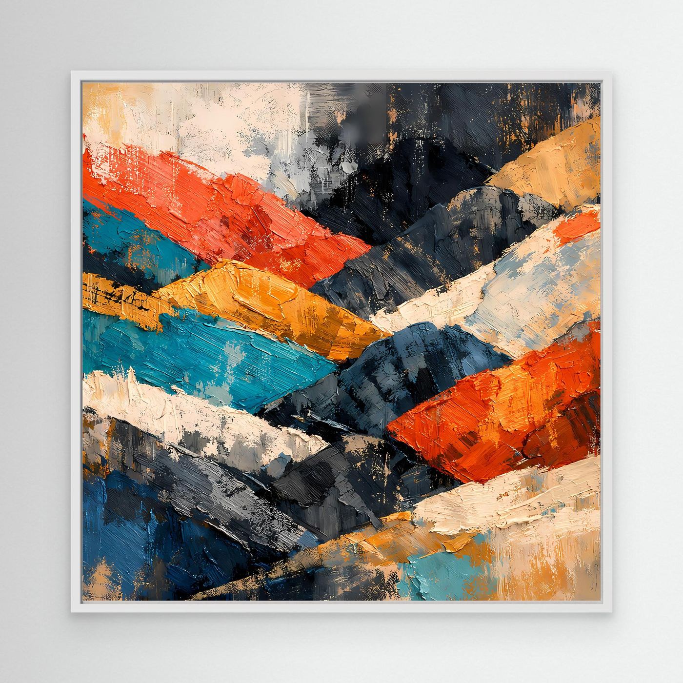 Abstraktes Berglandschaft-Wandbild mit weißem Rahmen; bunte Pinseltexturen in Blau, Orange und Dunkelgrau.