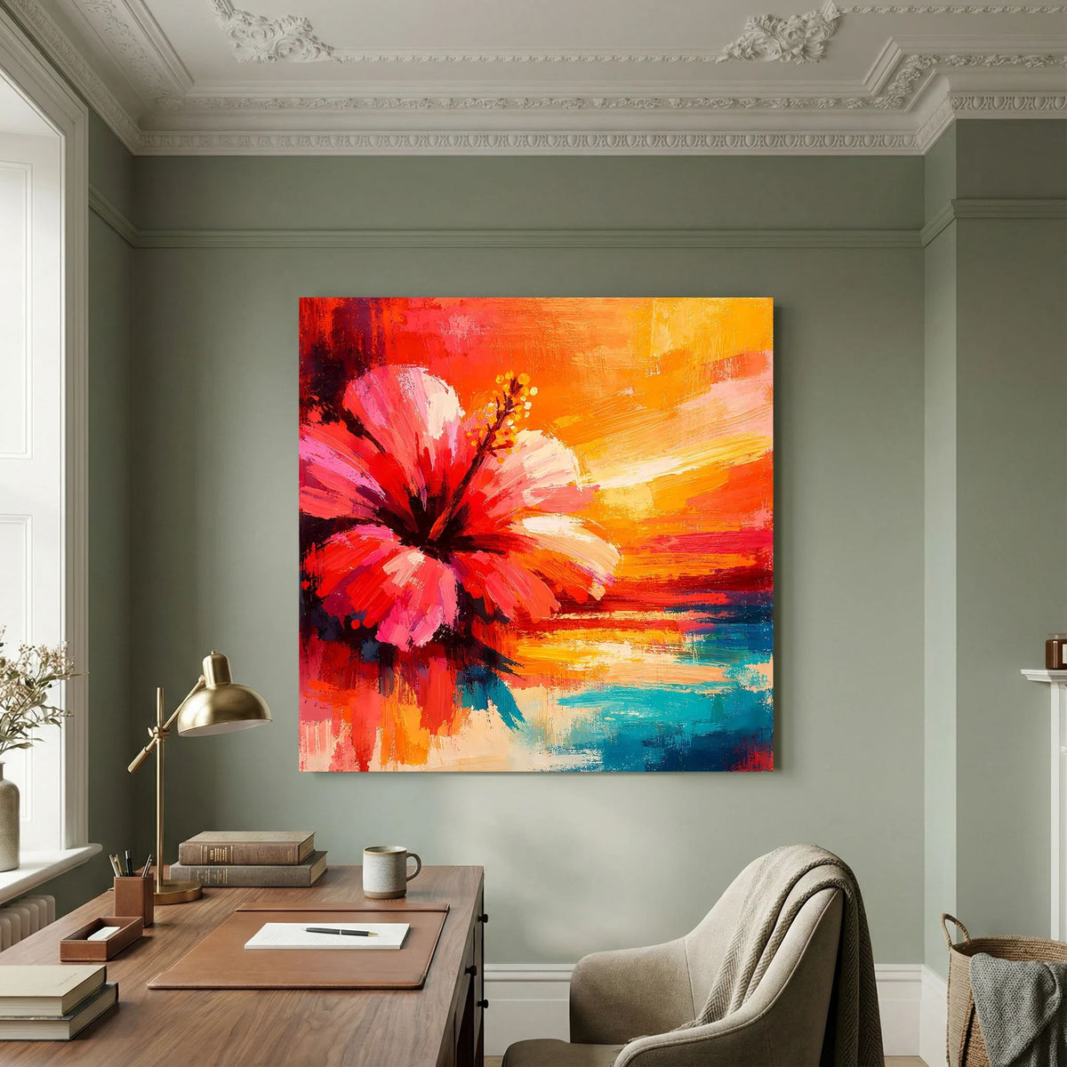 Abstraktes Hibiskusblütenbild auf Leinwand mit kräftigen Farbflächen in Rot und Blau