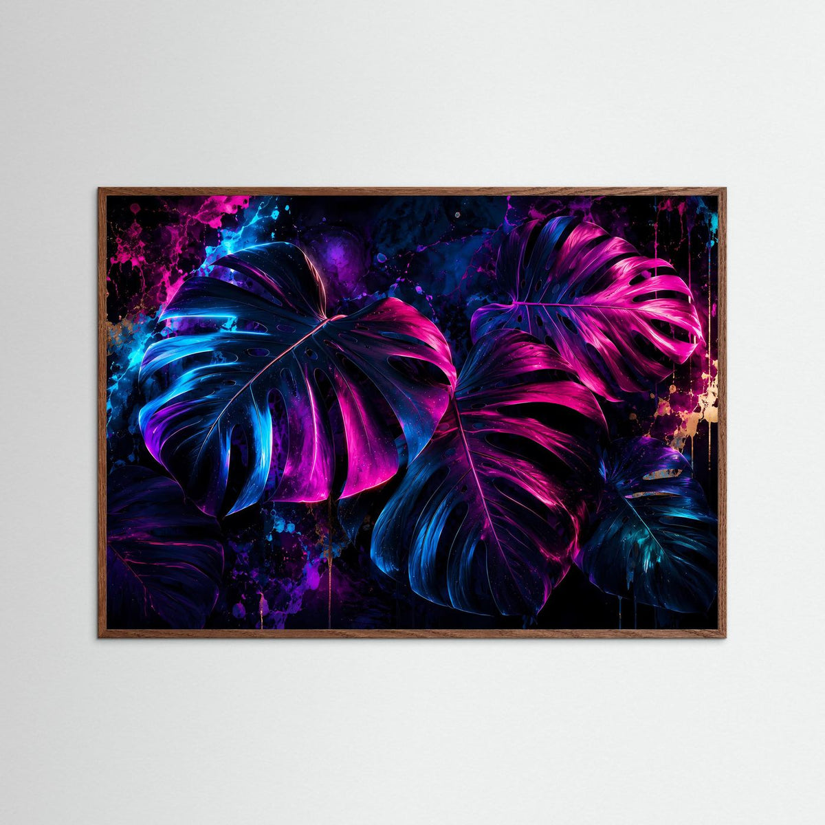 Neon-Monstera-Wandbild im braunen Holzrahmen, neonartige Blätter in Pink und Blau