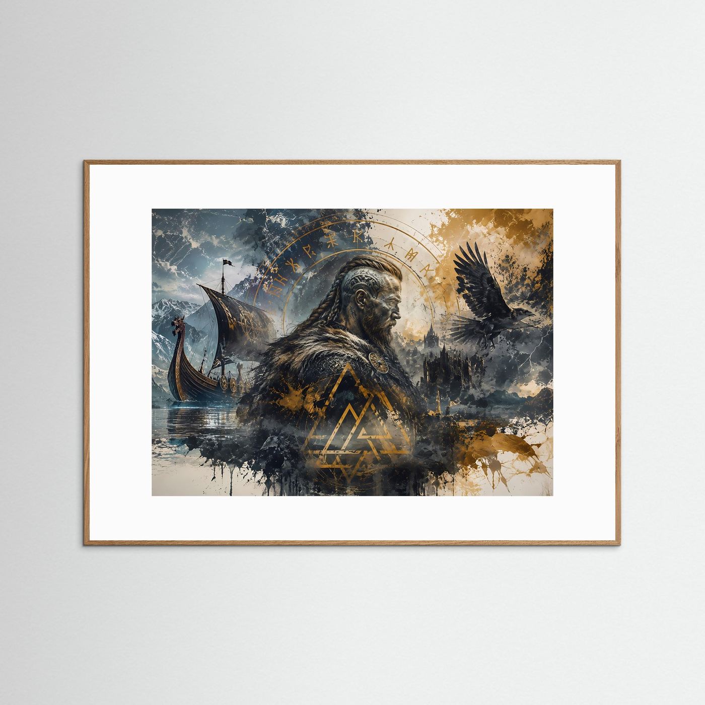 Wikinger Poster | Nordische Mythologie Wandbild | Viking Kunst mit Rabe & Langschiff | Ragnarök Runen | Skandinavische Fine Art