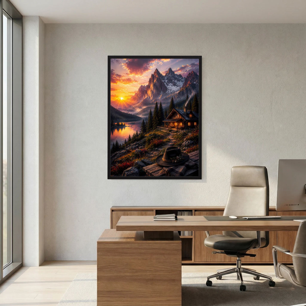 Poster im Hochformat mit Bergsee und Berghütte im Sonnenuntergang, schwarzer Rahmen
