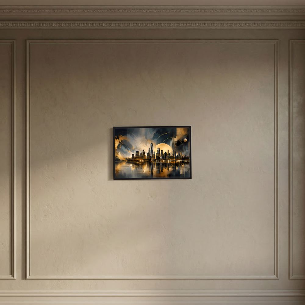 Wandkunst im Querformat mit New-York-Skyline in Schwarz und Gold, Spiegelung, schwarzer Rahmen