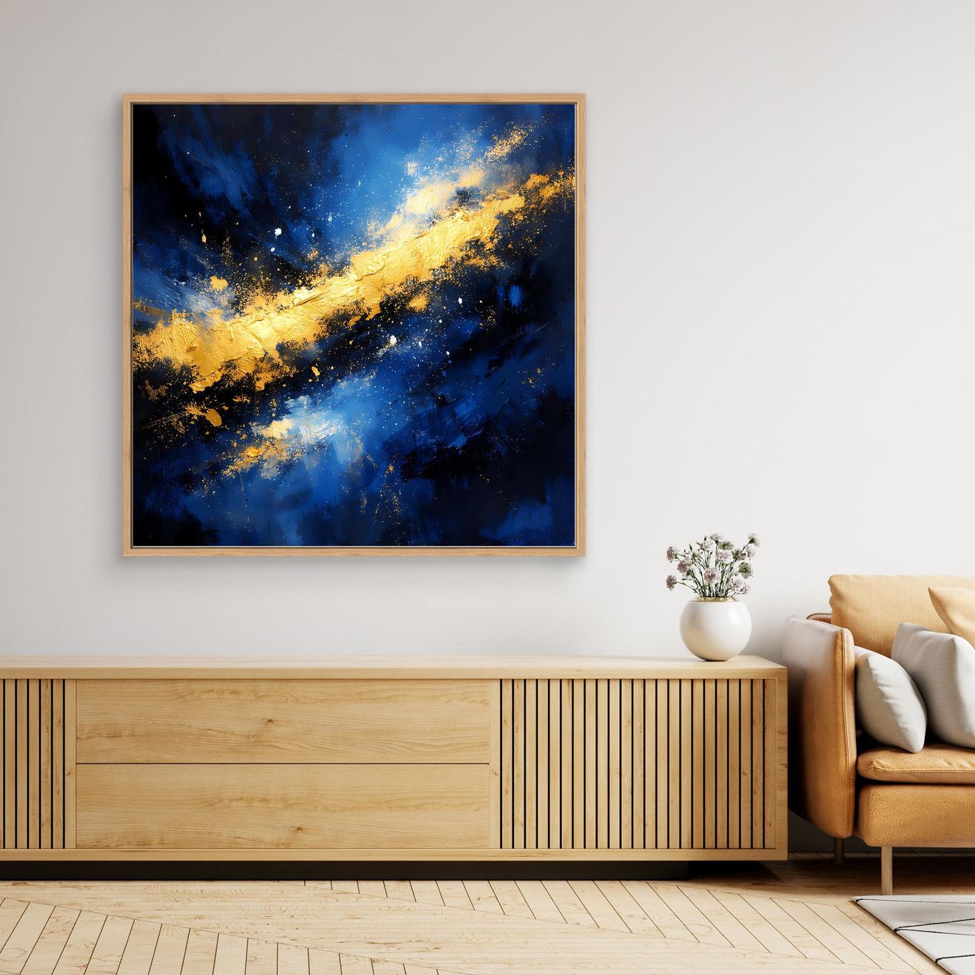 Leinwand Abstraktes Universum in Blau und Gold | Modernes Kosmos Wandbild