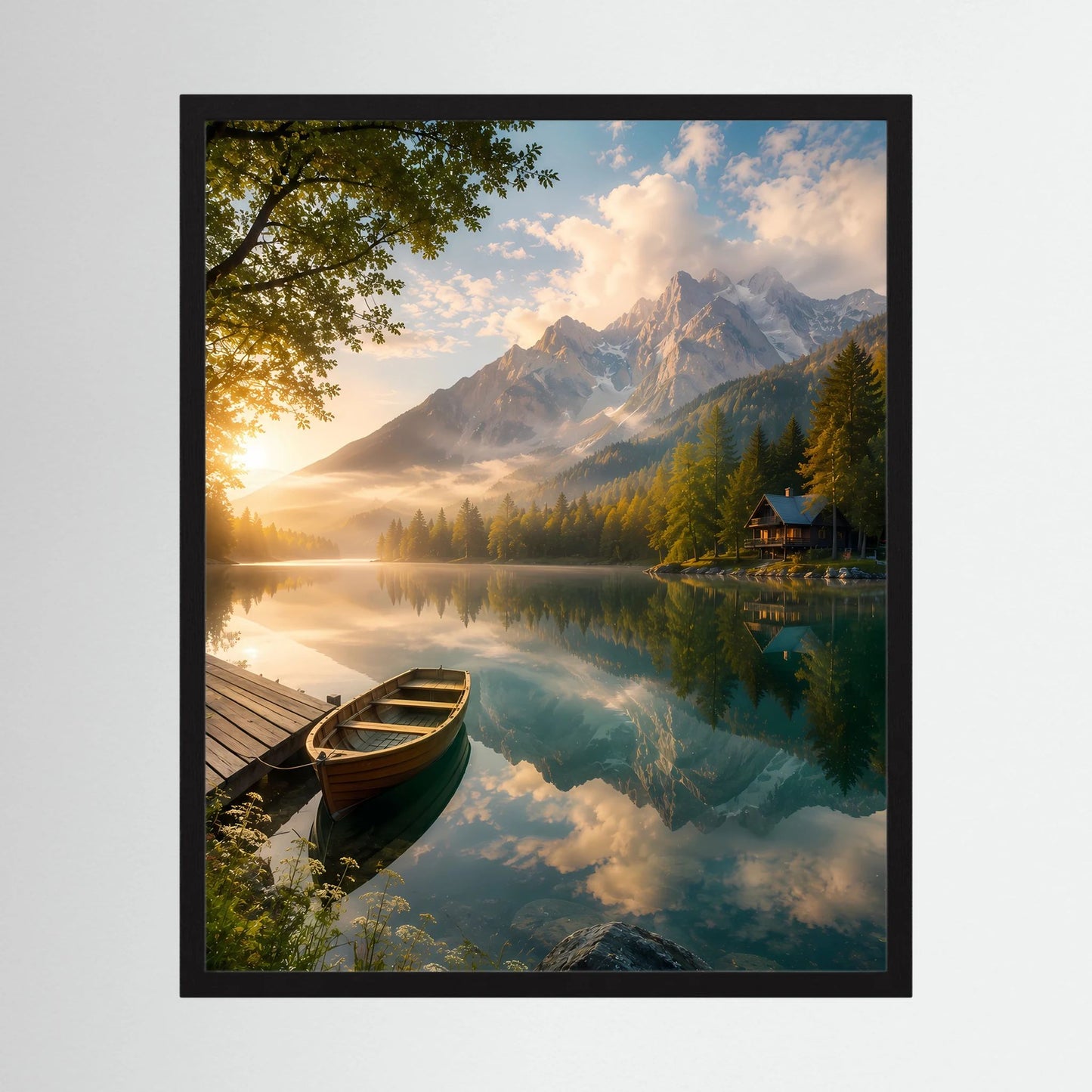 Kunstposter im schwarzen Rahmen: Holzboot am Bergsee mit Alpenbergen und Berghütte.