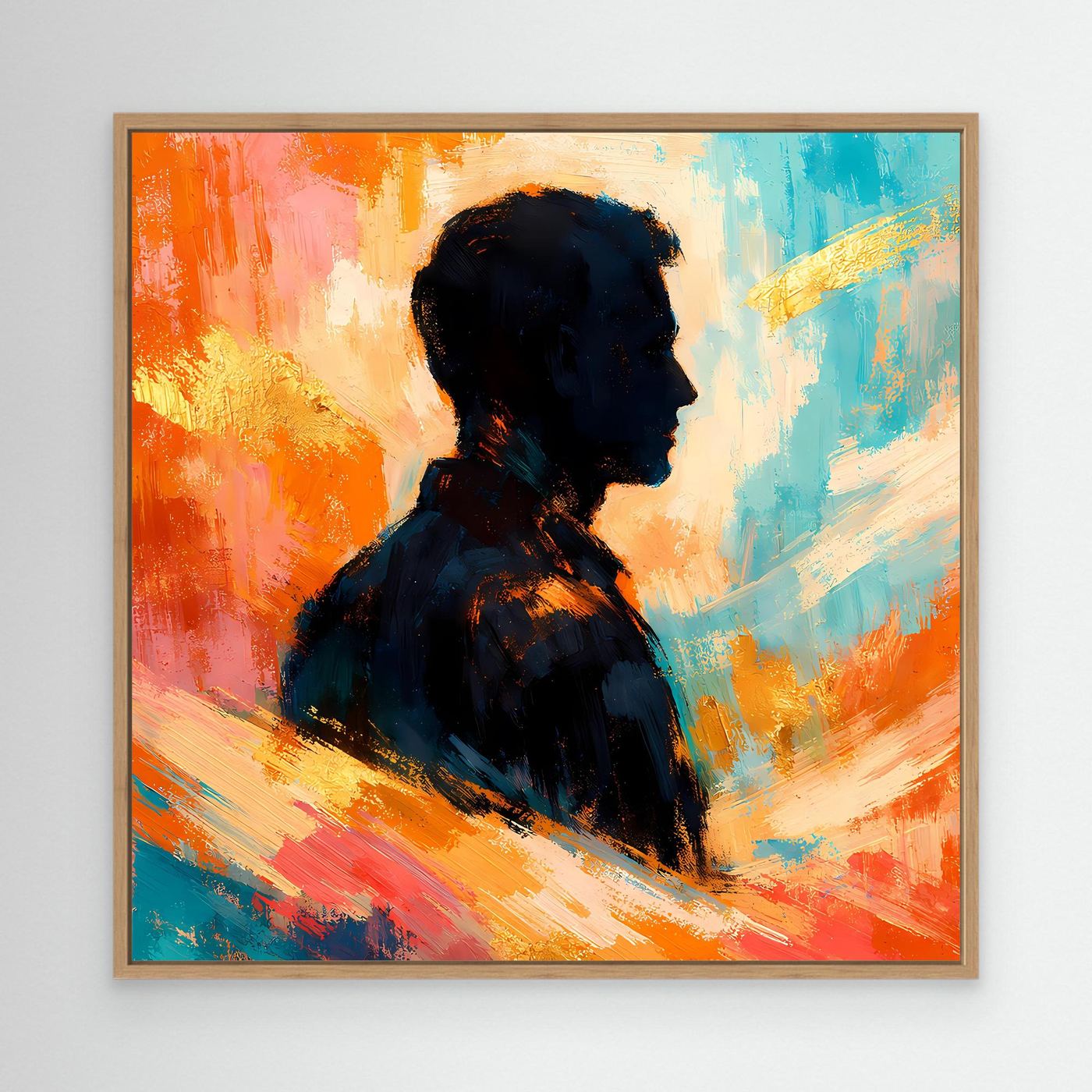 Leinwandbild mit Holzrahmen und abstrakter Silhouette eines Mannes im Profil, warm farbig