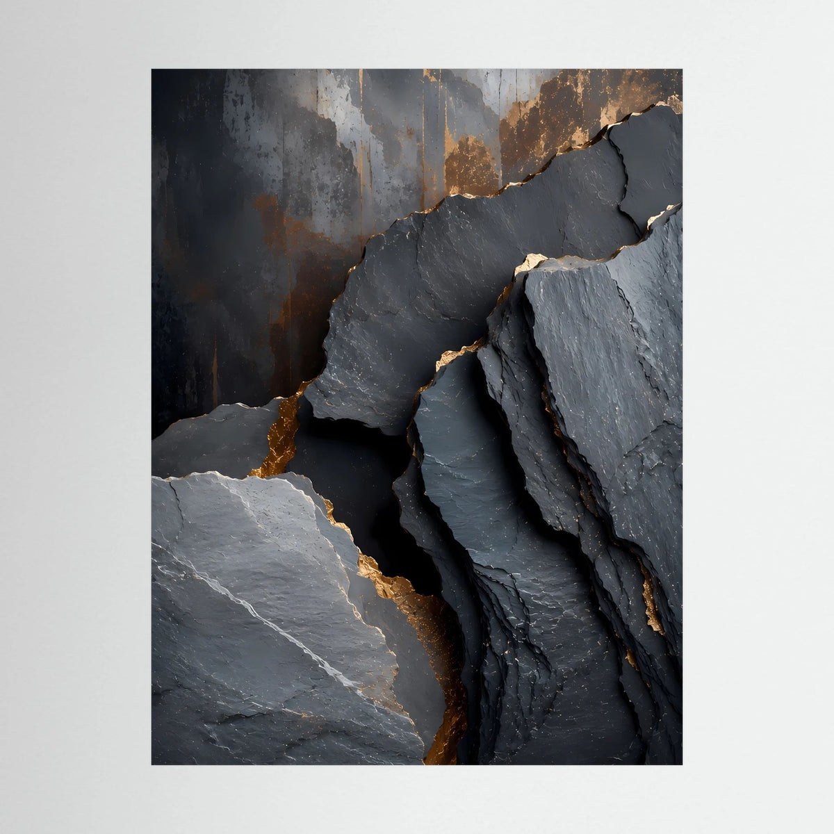 Detailansicht: Hochformat-Poster mit abstrakten Felsstrukturen in Schwarz und Gold, ohne Hintergrund