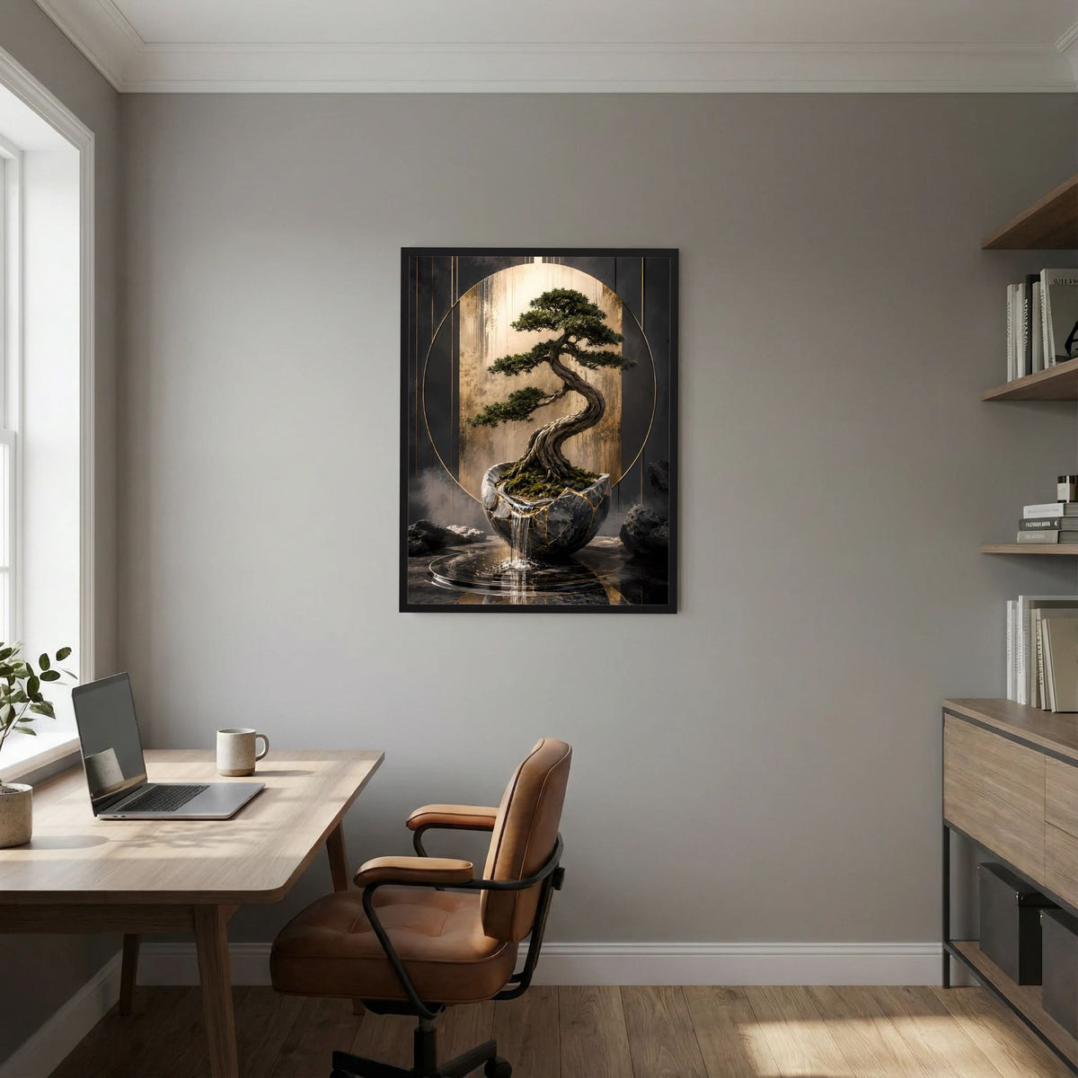 Hochformat-Poster mit Bonsai in Schale, goldgrünes Blattwerk, schwarzer Rahmen
