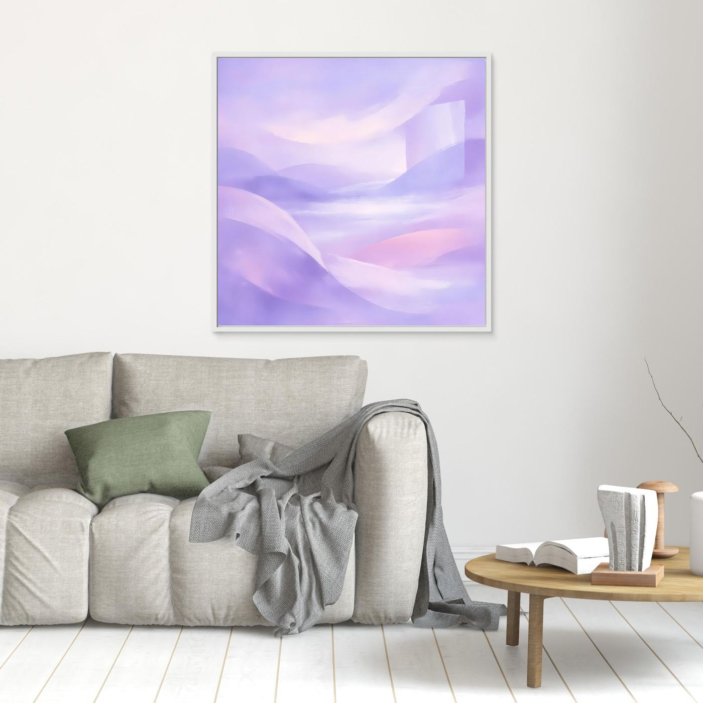 Abstraktes Pastell-Leinwandbild in Violett und Rosa, mit weißem Rahmen