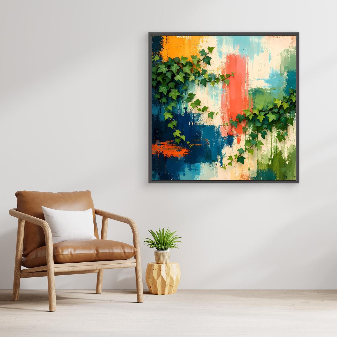 Gerahmtes Leinwandbild mit Efeuranken in Grün, Blau und Orange, moderne Farbkomposition