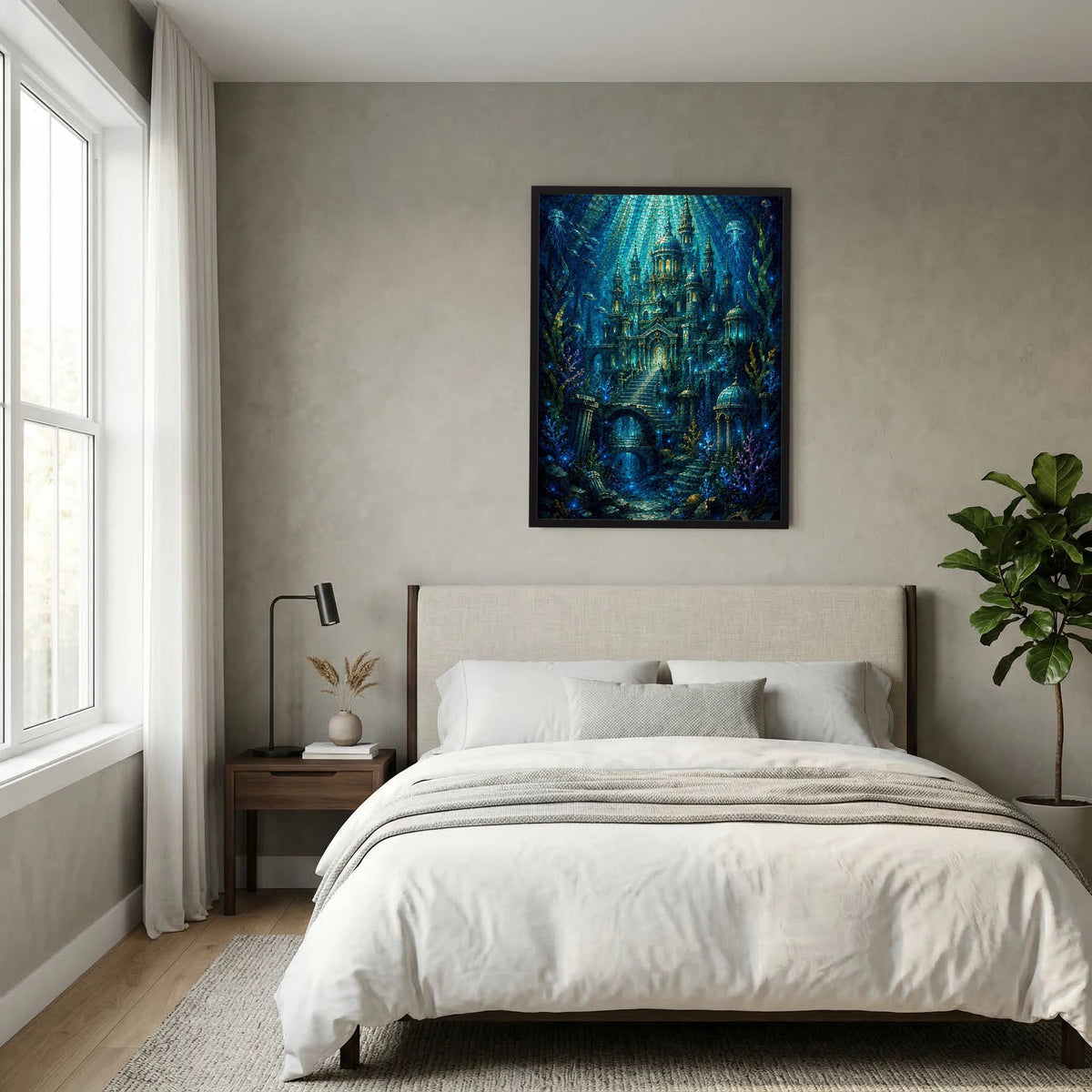Ge­rahmtes Poster über dem Bett: Unterwasserstadt in Blau und Gold, abstrakt mosaikartig.