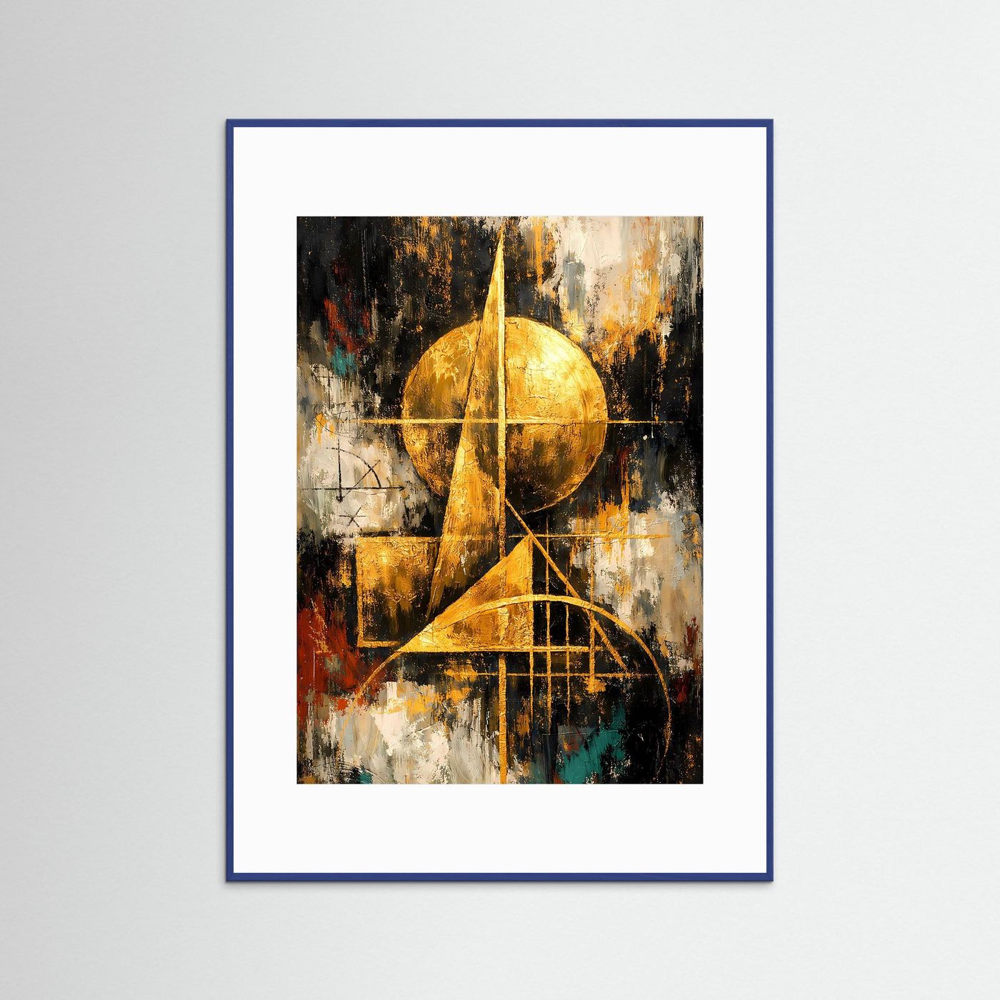 Bauhaus-Poster mit goldenem Kreis und geometrischen Linien, im blauen Rahmen.