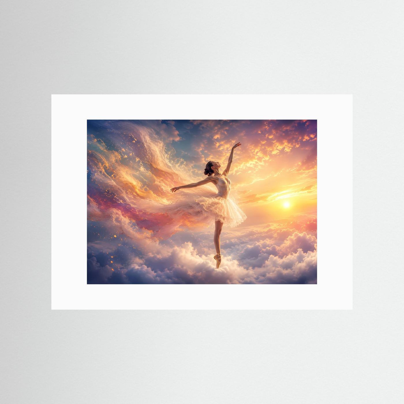 Ballerina über den Wolken im Sonnenlicht | Elegante Tanzkunst in Gold & Pastell
