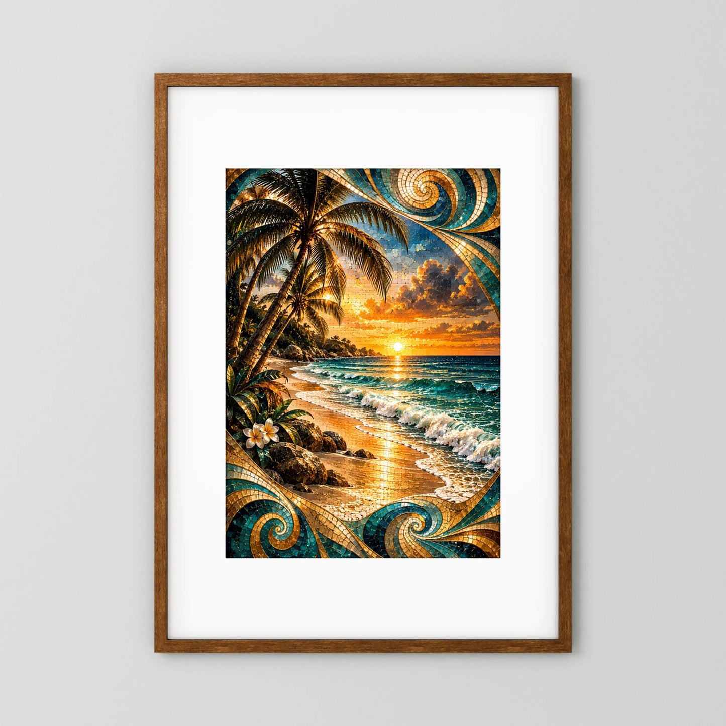 Tropischer Strand bei Sonnenuntergang | Mosaik Kunst in Türkis & Gold | Poster Hochformat