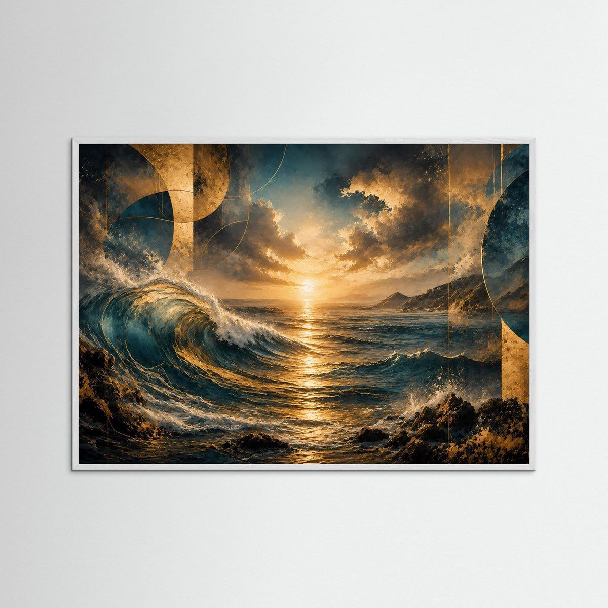 Abstraktes Meerposter im Querformat mit blauen Wellen, goldener Sonne im weißen Holzrahmen