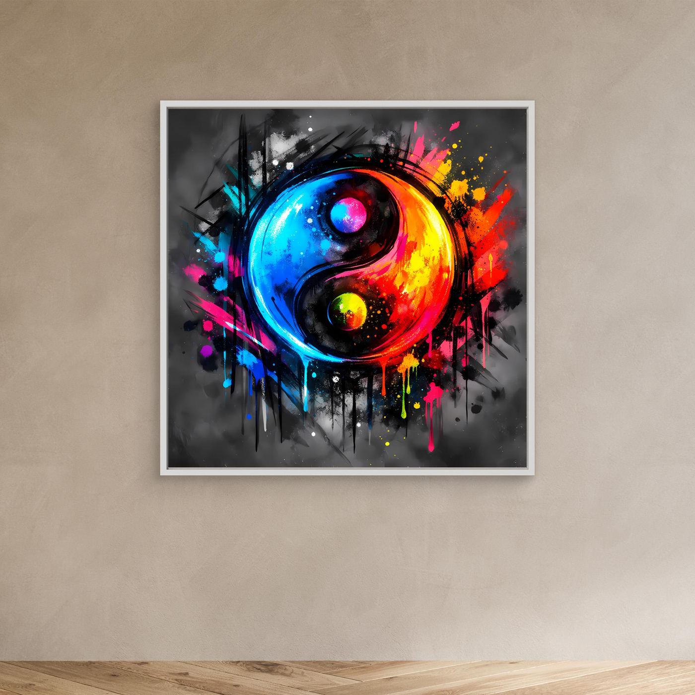 Leinwandbild mit abstraktem Yin-Yang-Motiv, bunt gespritzt, weißer Rahmen