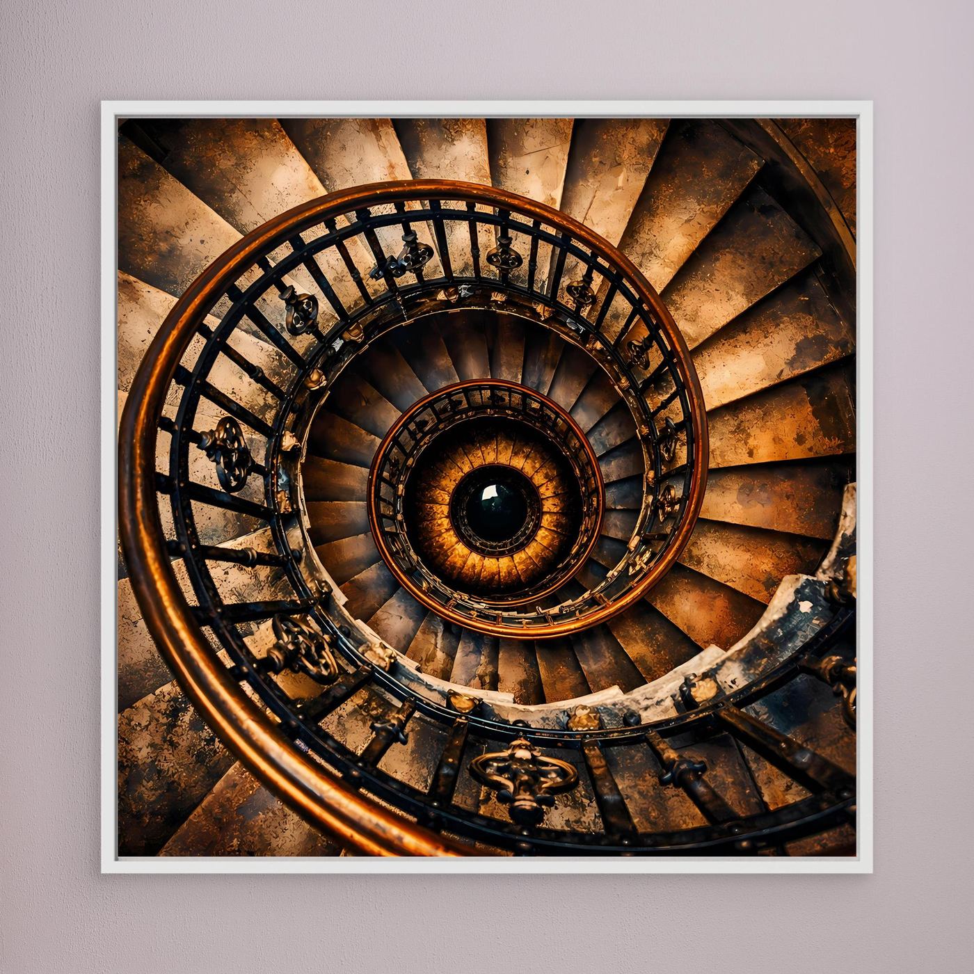 Leinwandbild Wendeltreppe, gold-braun und schwarz, weiß gerahmt