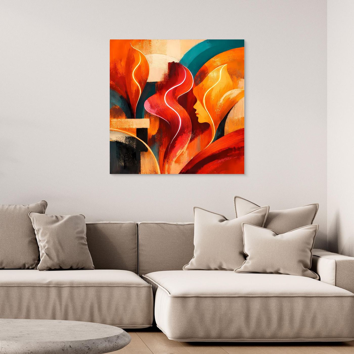 Abstraktes Leinwand-Wandbild mit bunten Flammenformen und dunklem Rahmen