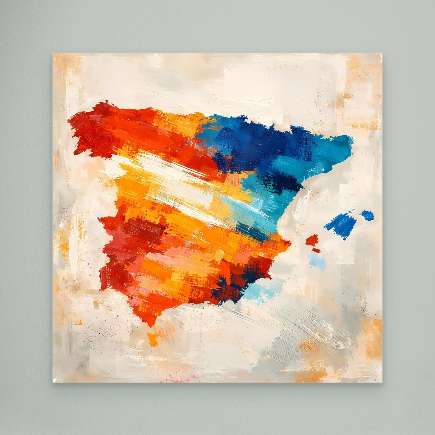 Abstract Spain map canvas wall art with red, blue, and orange brushstrokes