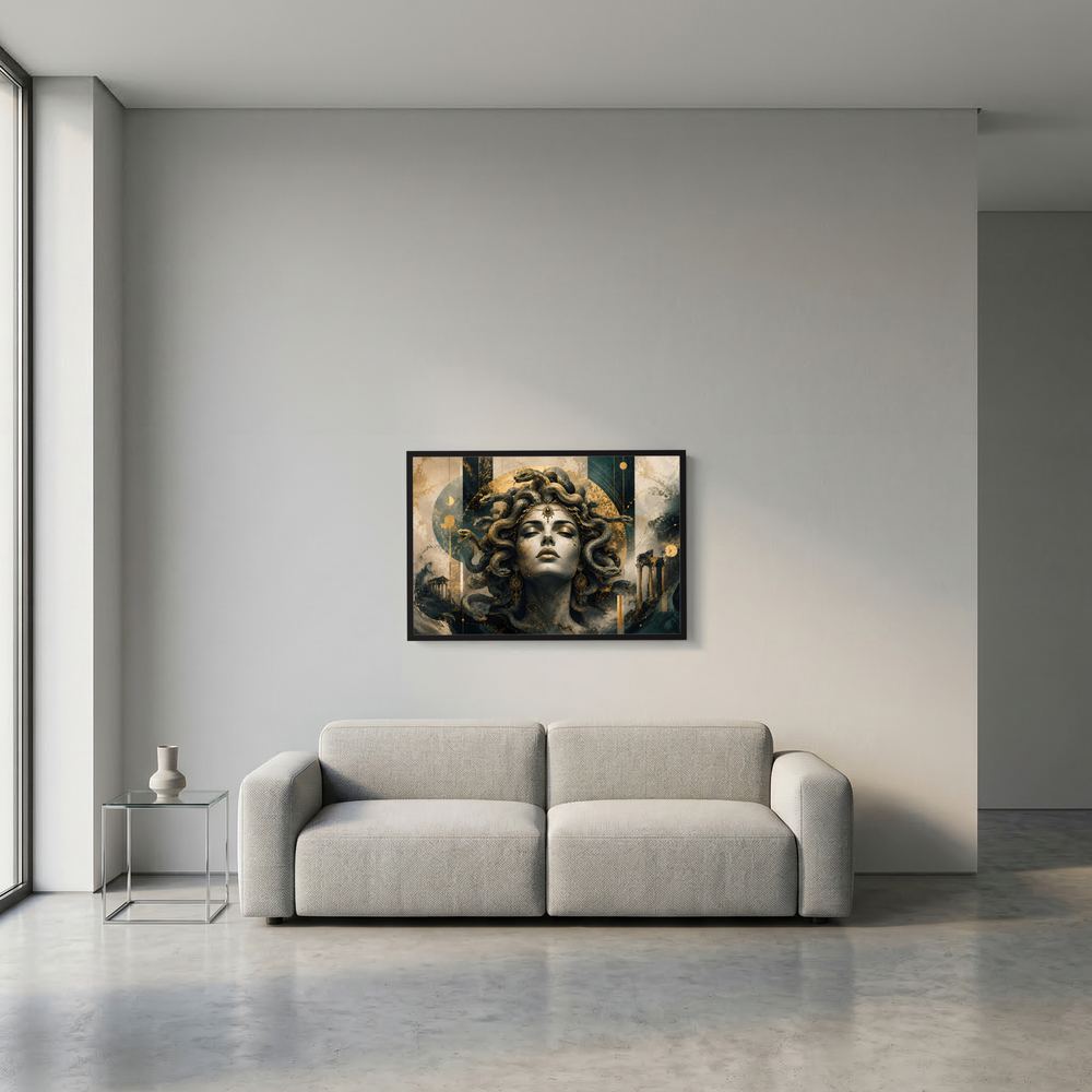 Gerahmtes Querformat-Poster mit Medusa im Gold-Look, goldenen Schlangen, schwarzer Rahmen