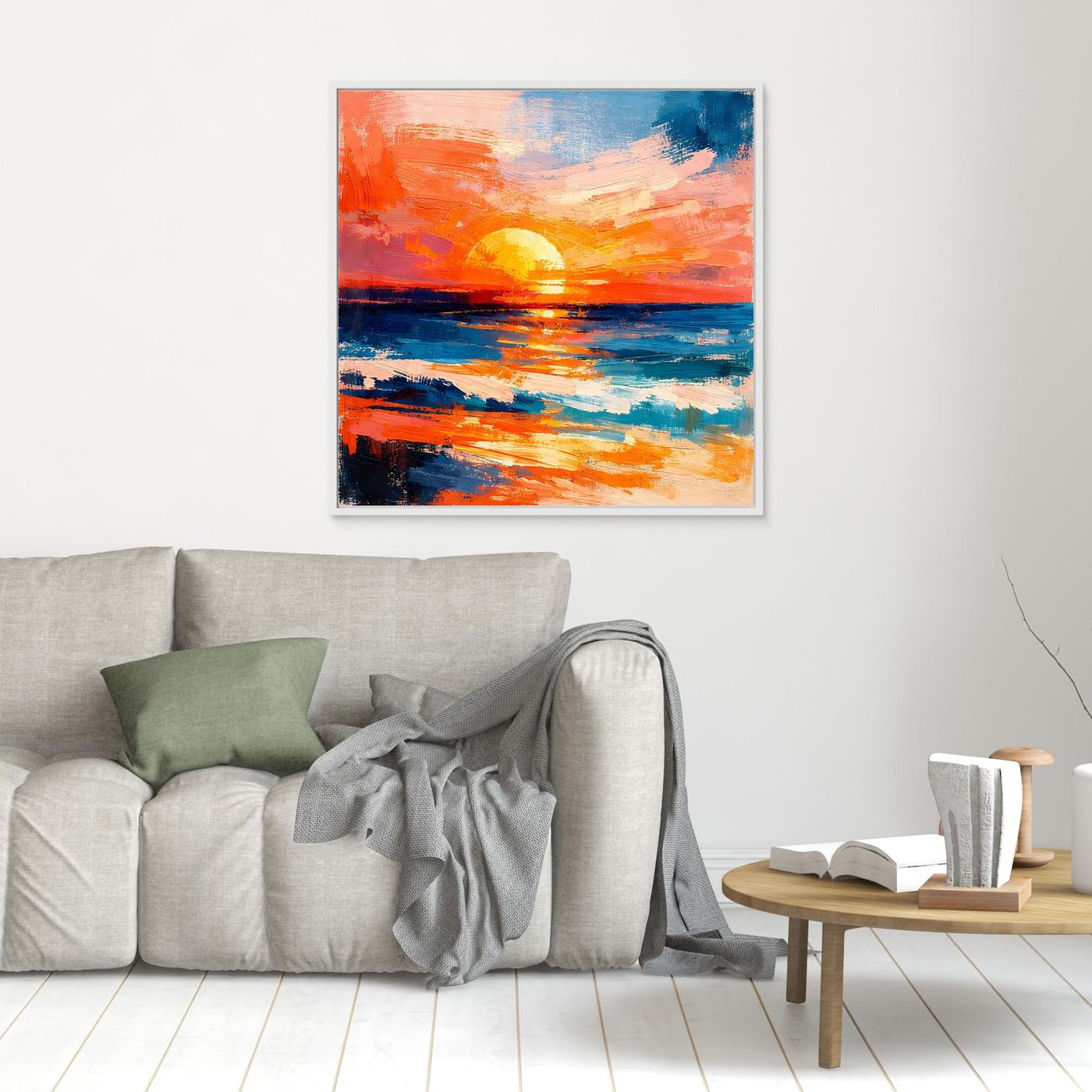 Framed abstract ocean canvas with orange sunset and blue waves