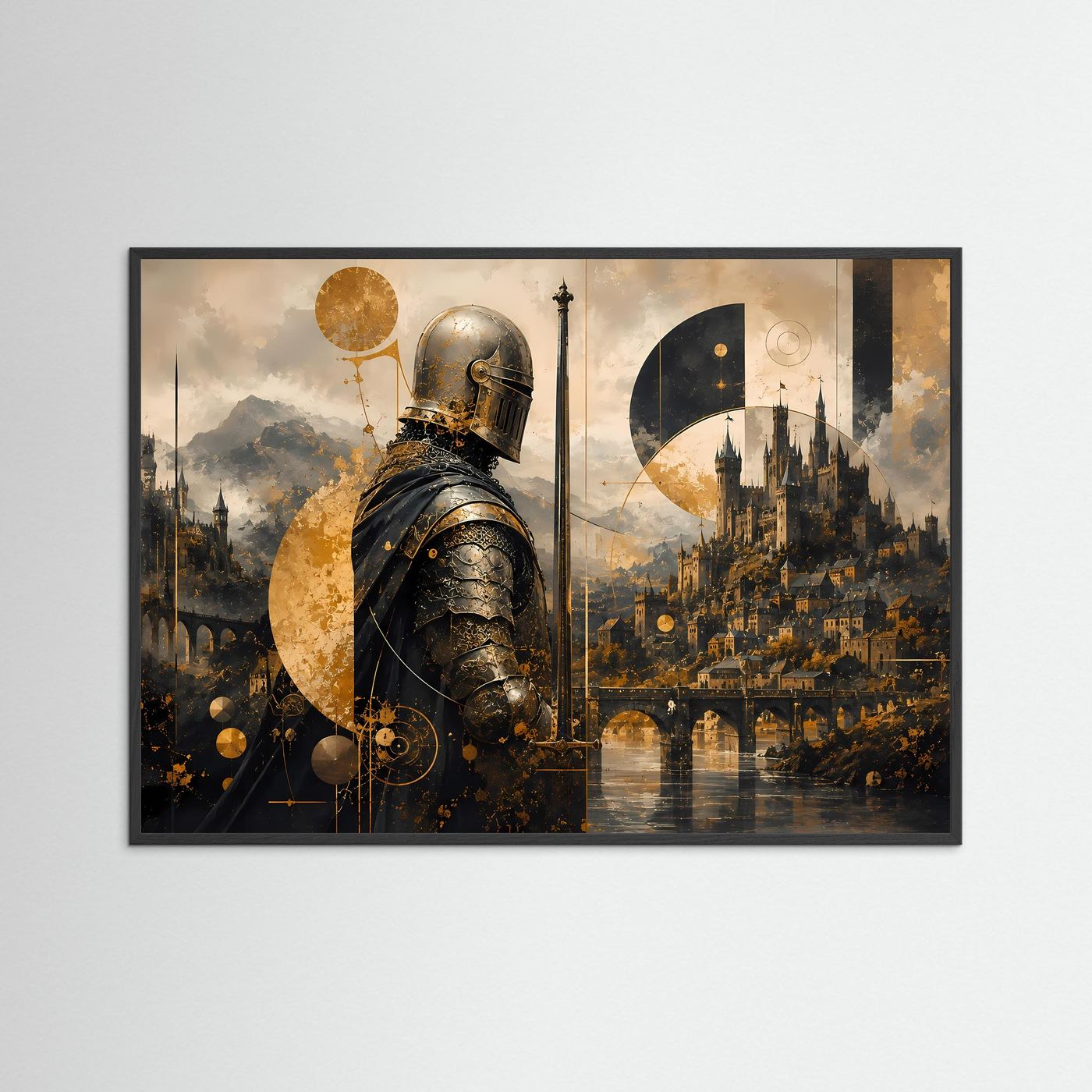 Mittelalterlicher Ritter vor Burg | Mystische Schwarz-Gold Kunst