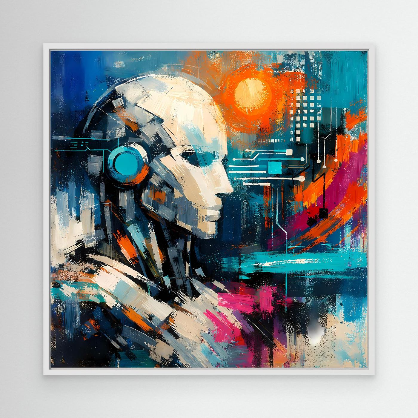 Abstract canvas print with white frame: robotic face, blue tones, orange glow, circuitry