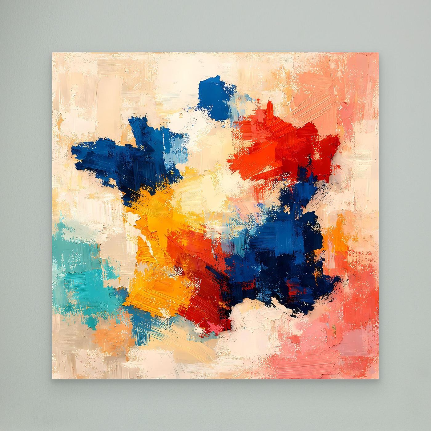 Abstract France map canvas wall art with blue, red, orange paint strokes, white frame