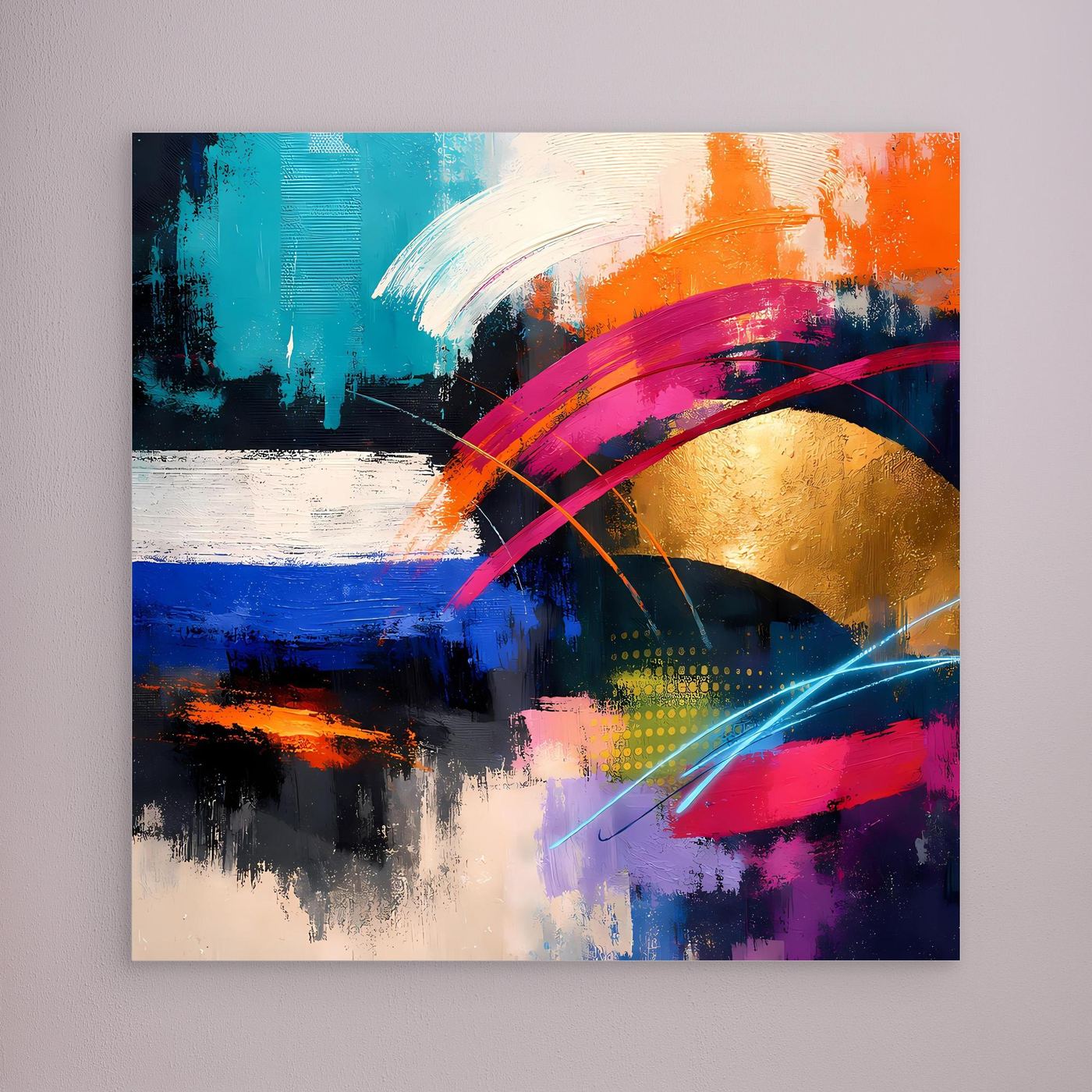Leinwandbild Abstrakt mit Goldkreis, Orange-Blau-Akzenten und dynamischen Pinselstrichen