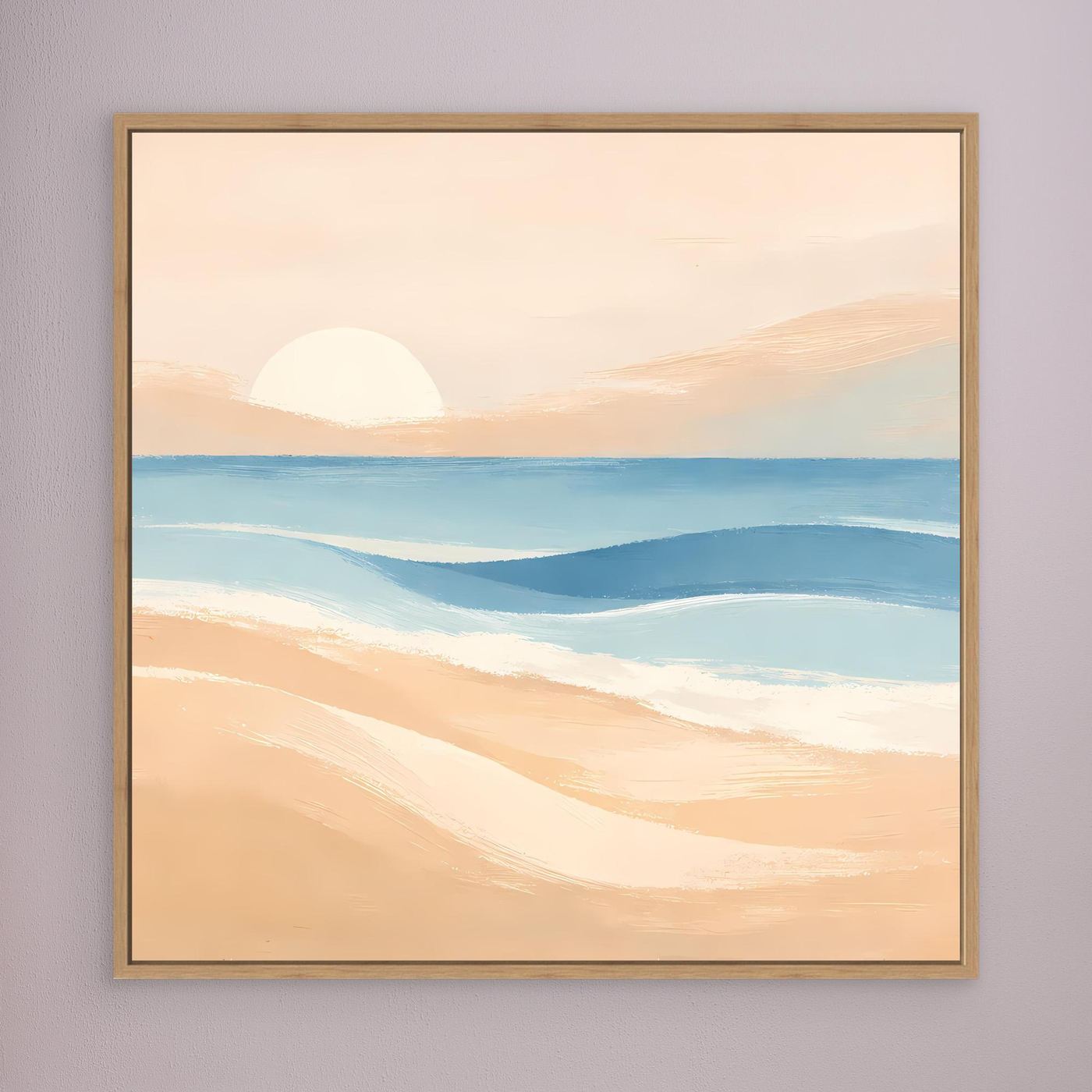 Leinwandbild mit Holzrahmen: abstraktes Meer und Strand bei Sonnenuntergang, pastellige Farben.