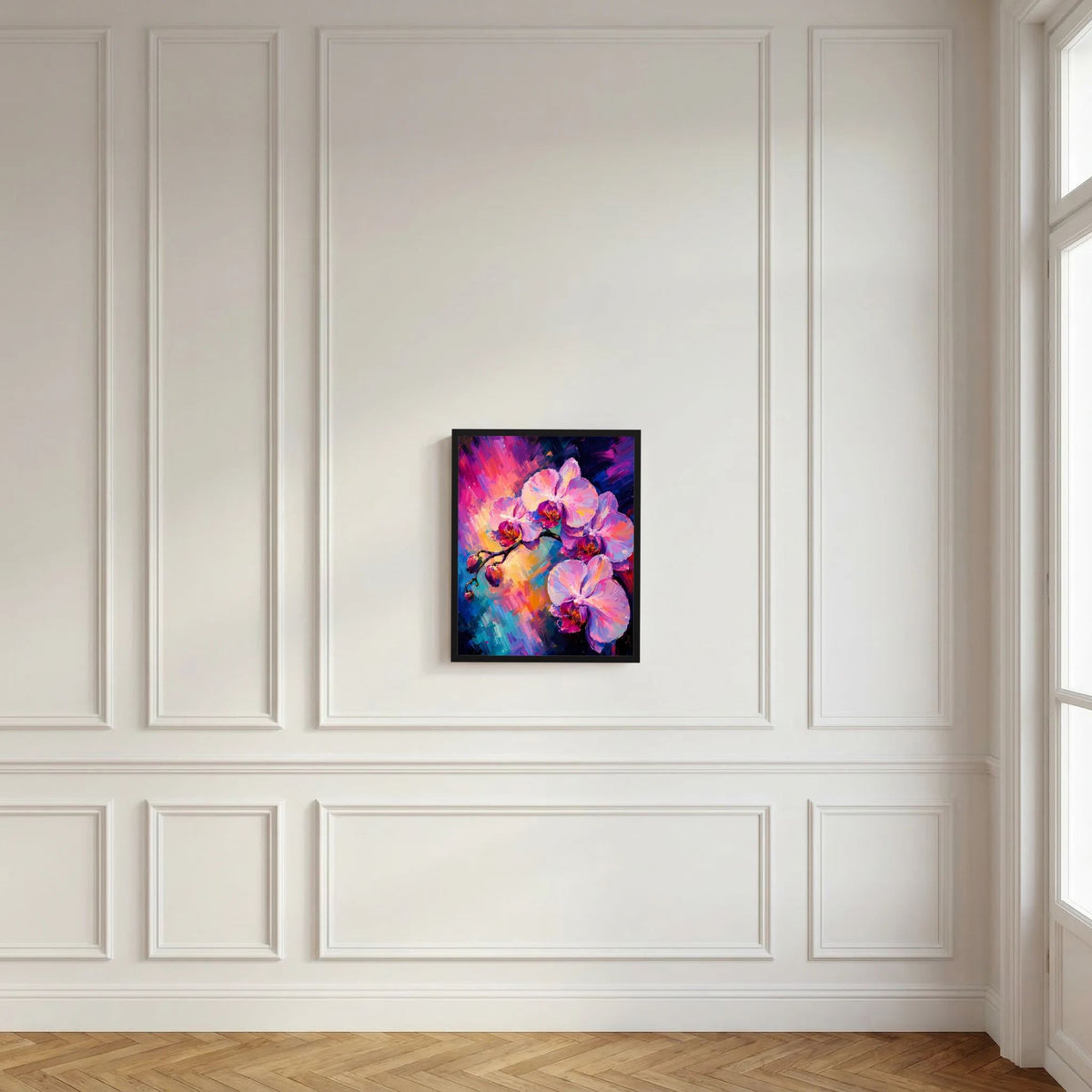 Wand-Kunstposter mit abstrakten rosa Orchideenblüten im Farbverlauf von Lila bis Blau