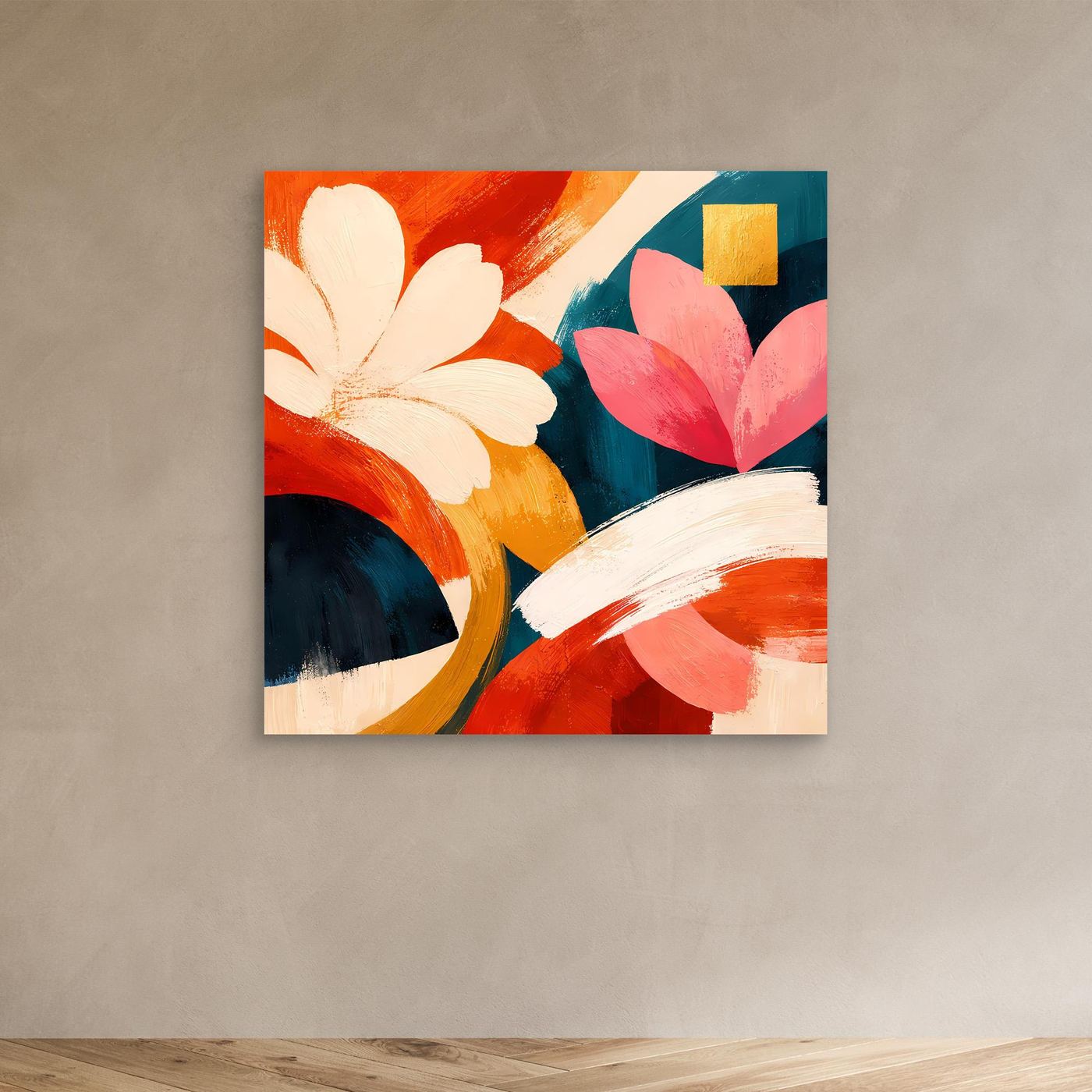 Abstraktes Leinwand-Wandbild mit weißen, rosa und roten Blütenformen, ohne Rahmen.
