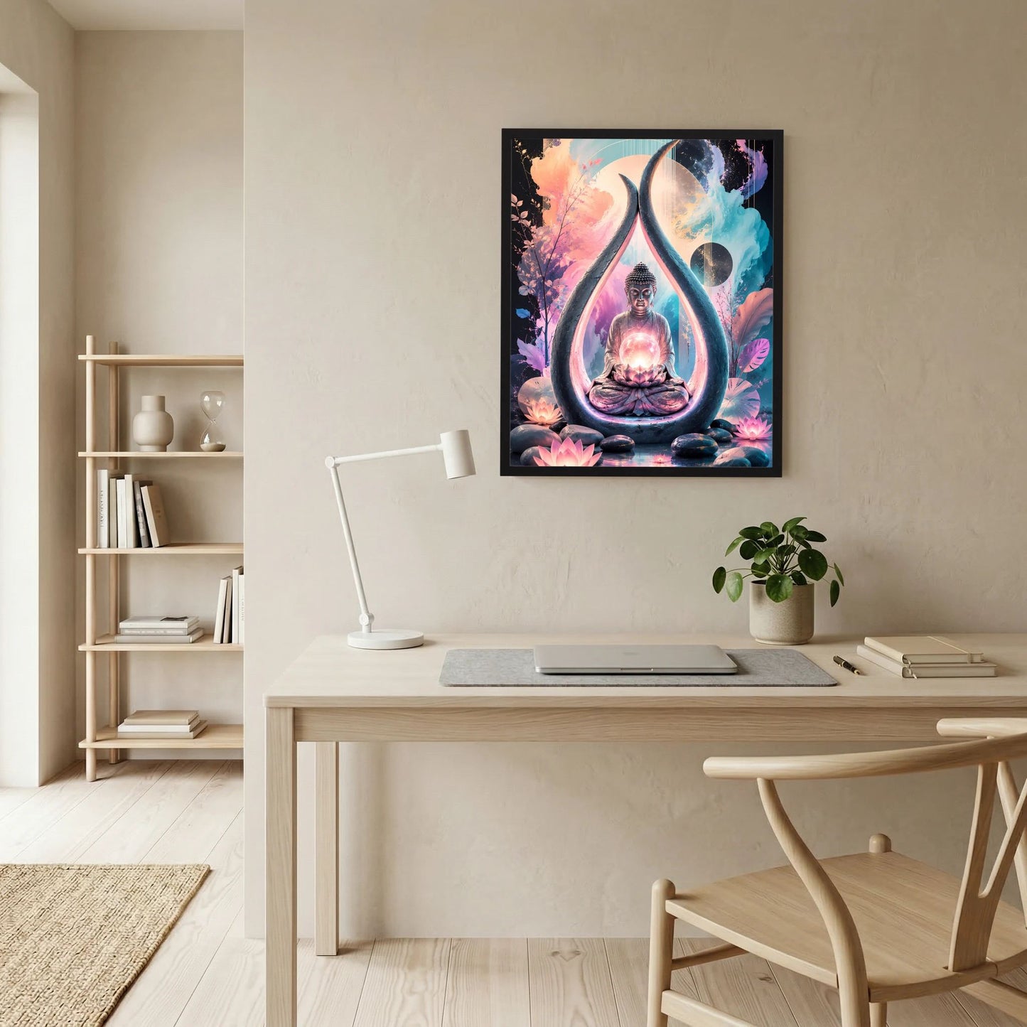 Gerahmtes Poster mit sitzendem Buddha, leuchtender Energie im Lotus und Tropfenornament