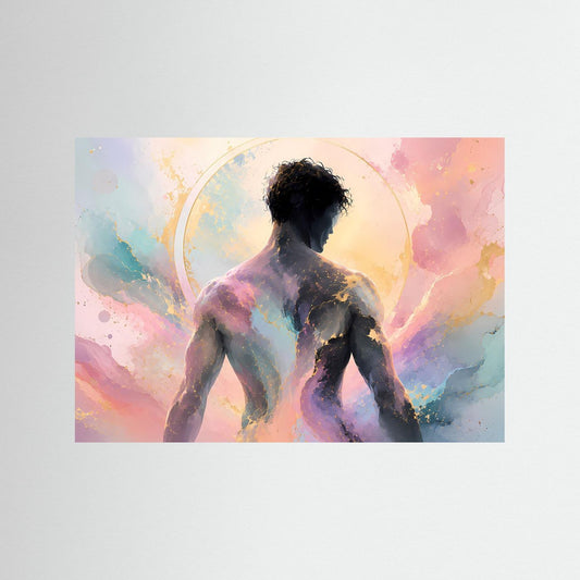 Unrahmtes Poster mit Männersilhouette in Pastellfarben und hellem Kreis