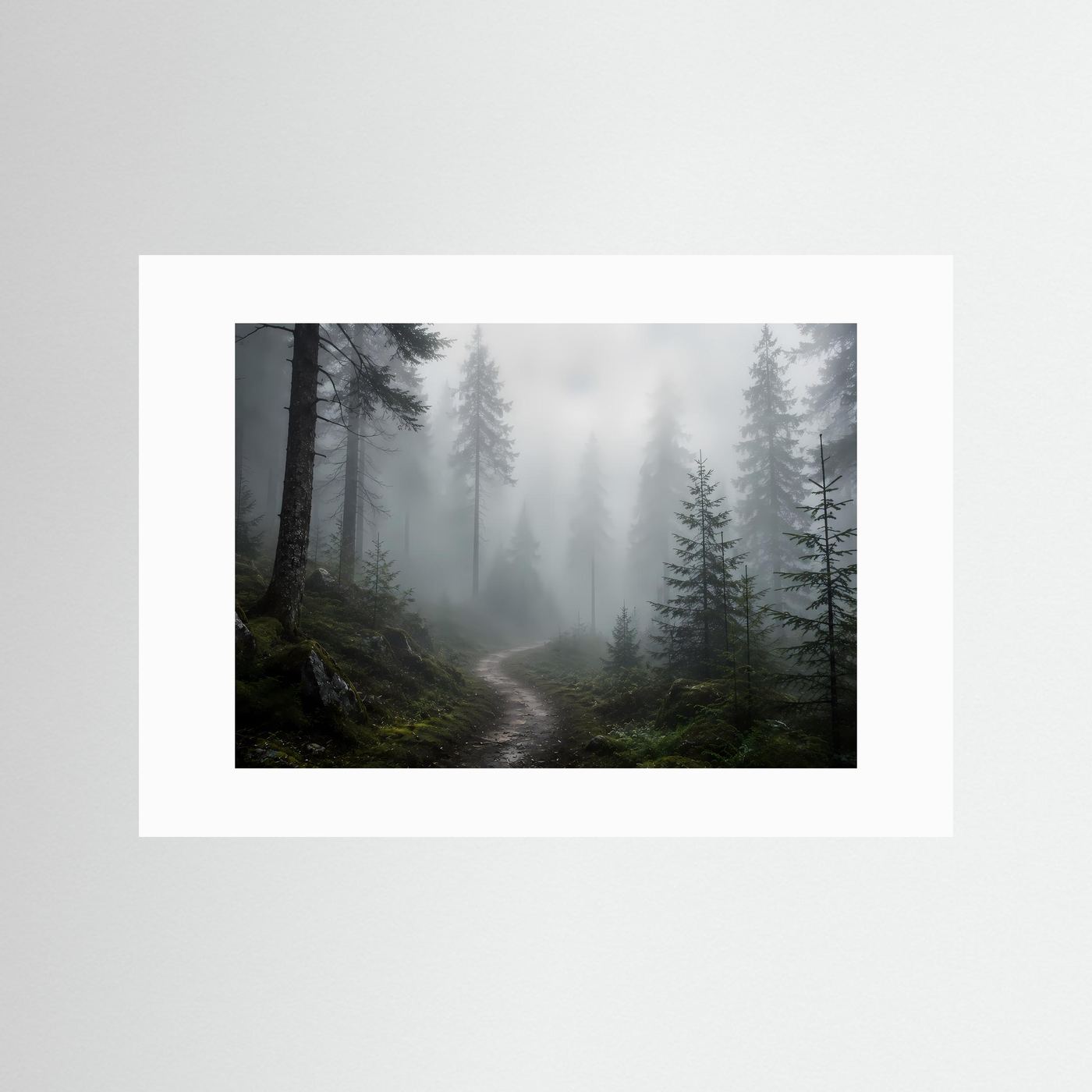 Wandbild mit Nebelwald-Motiv im weißen Passepartout: Tannenwald und Waldweg