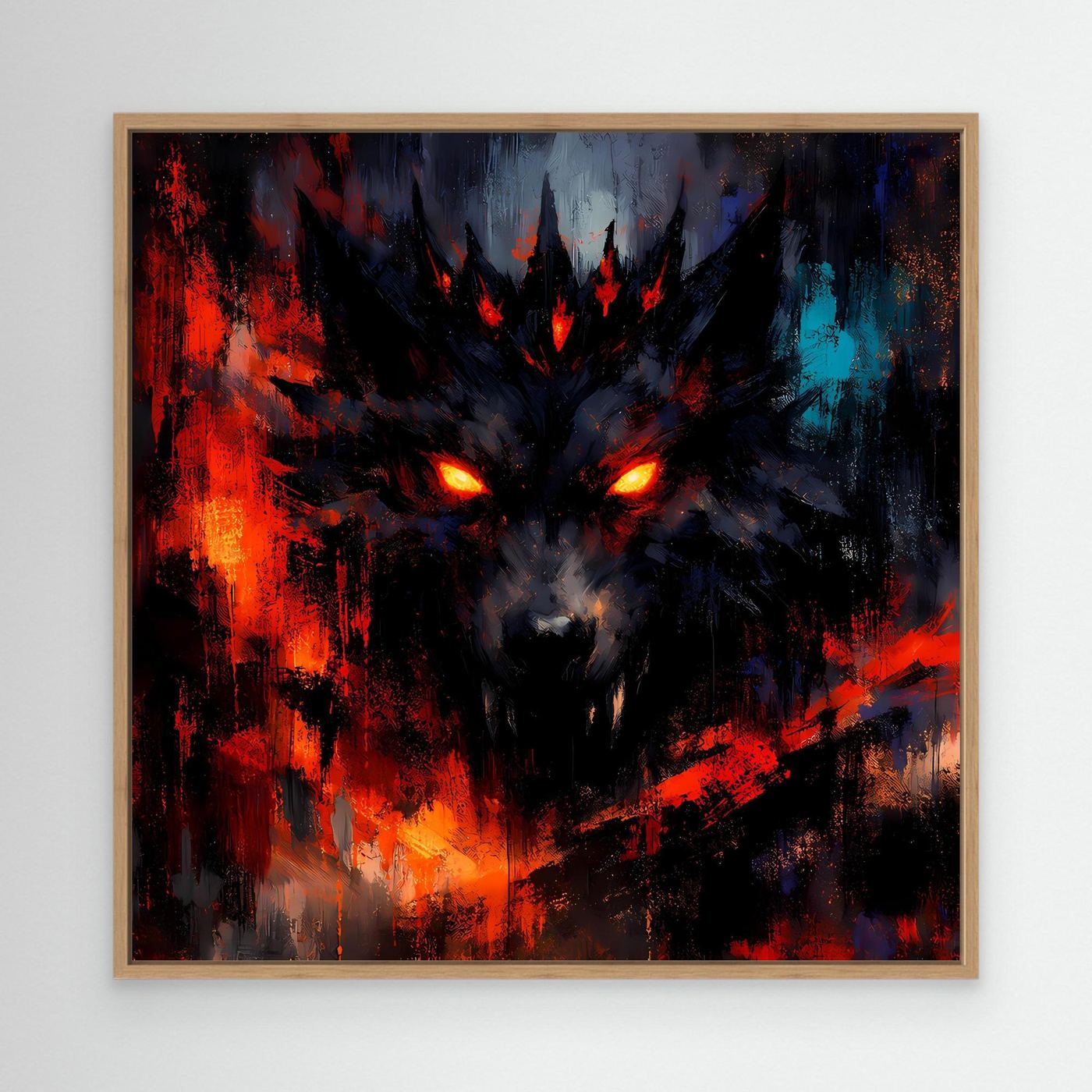 Abstraktes Leinwand-Wandbild mit Schattenwolf im Eichenholzrahmen, leuchtende Augen in Rot/Blau