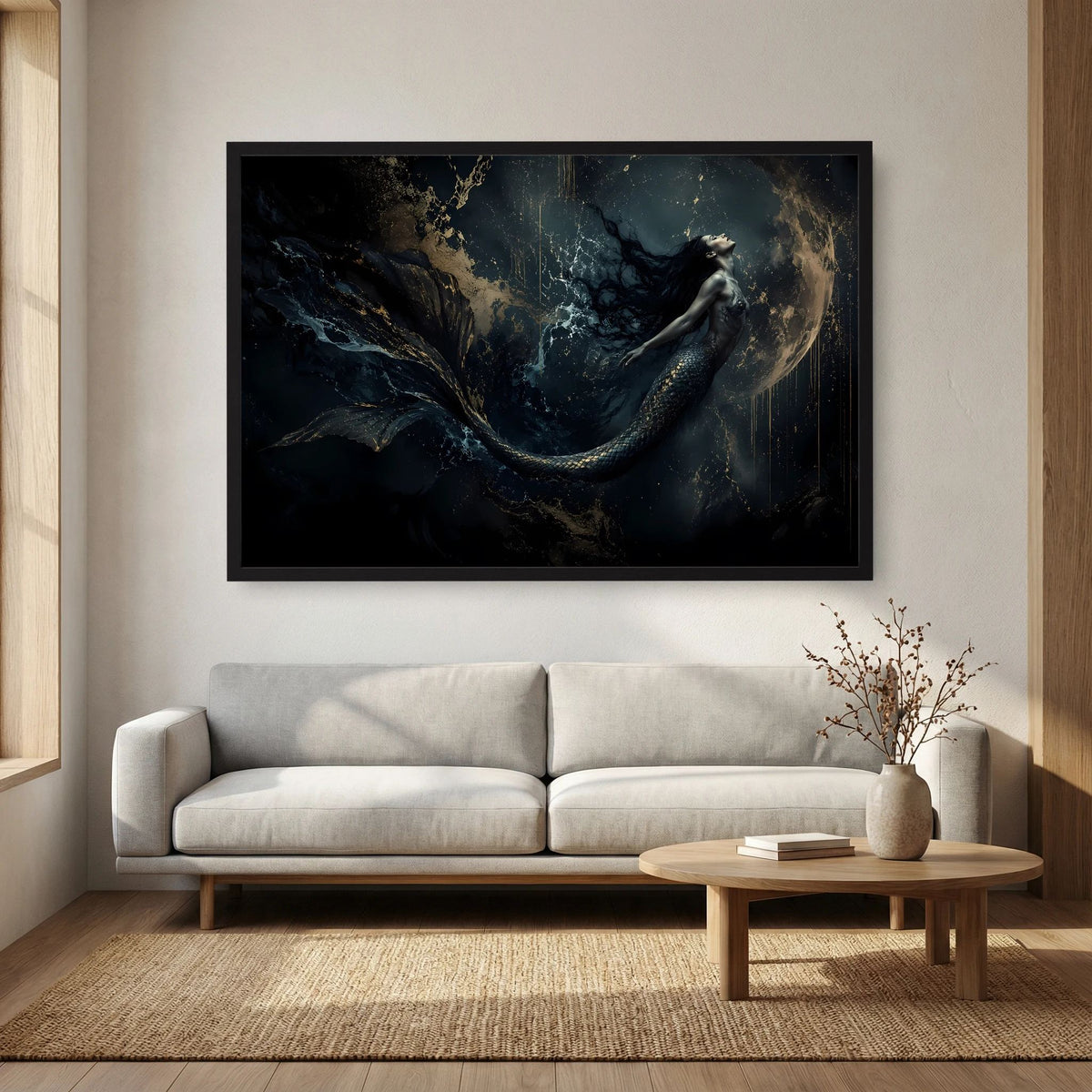 Gerahmtes Meerjungfrau-Wandbild in dunklem Blau und Gold, schwarzer Rahmen im Querformat