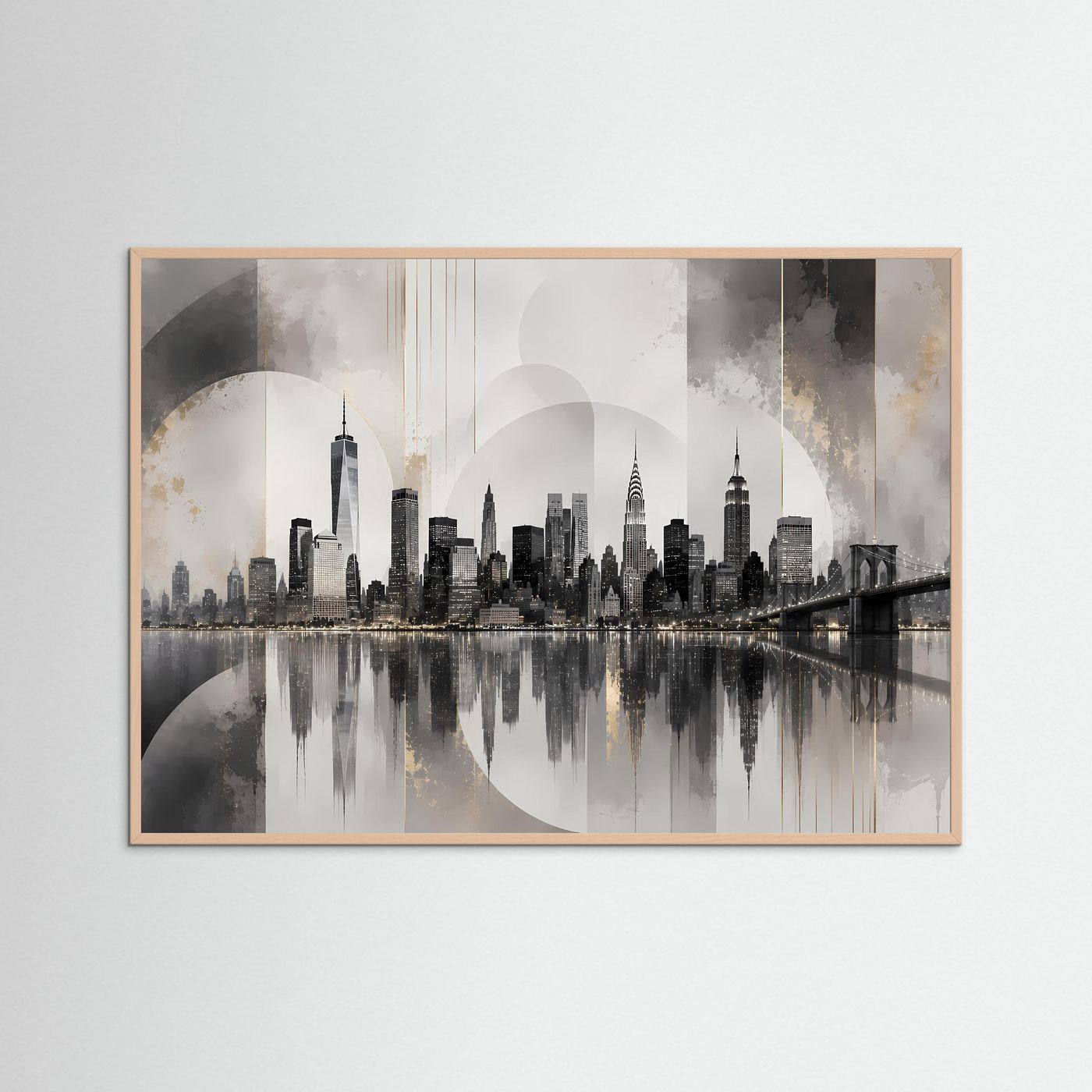 Querformatiges Skyline-Poster mit Brückenmotiv im roséfarbenen Holrahmen, Grau-Schwarz-Creme