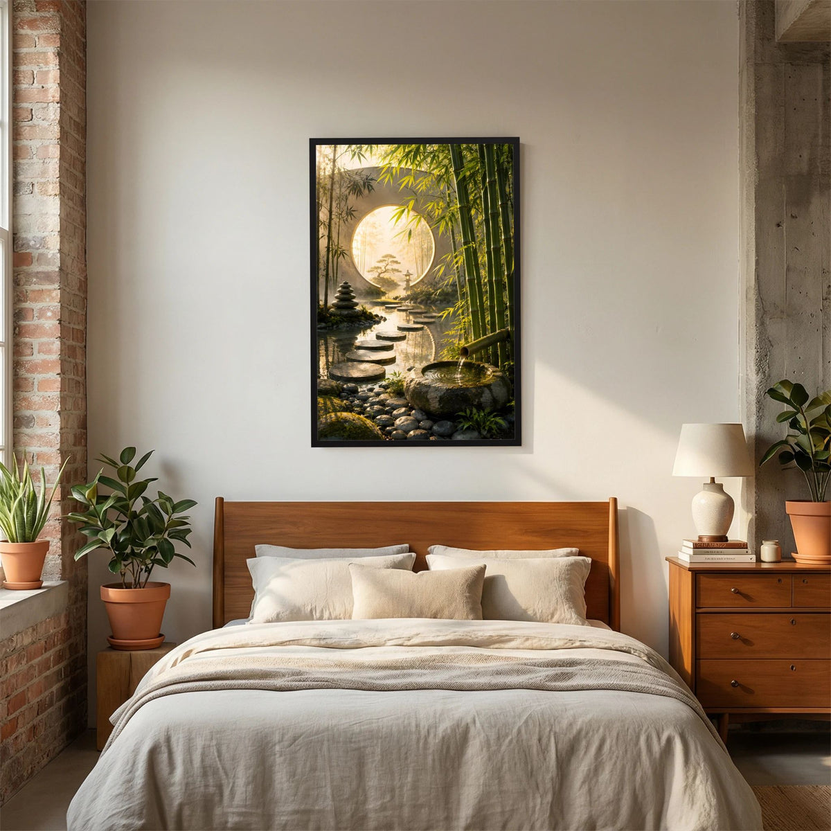 Zen-Garten-Poster im Hochformat: Bambus und Trittsteine, rundes Mondtor, schwarzer Rahmen