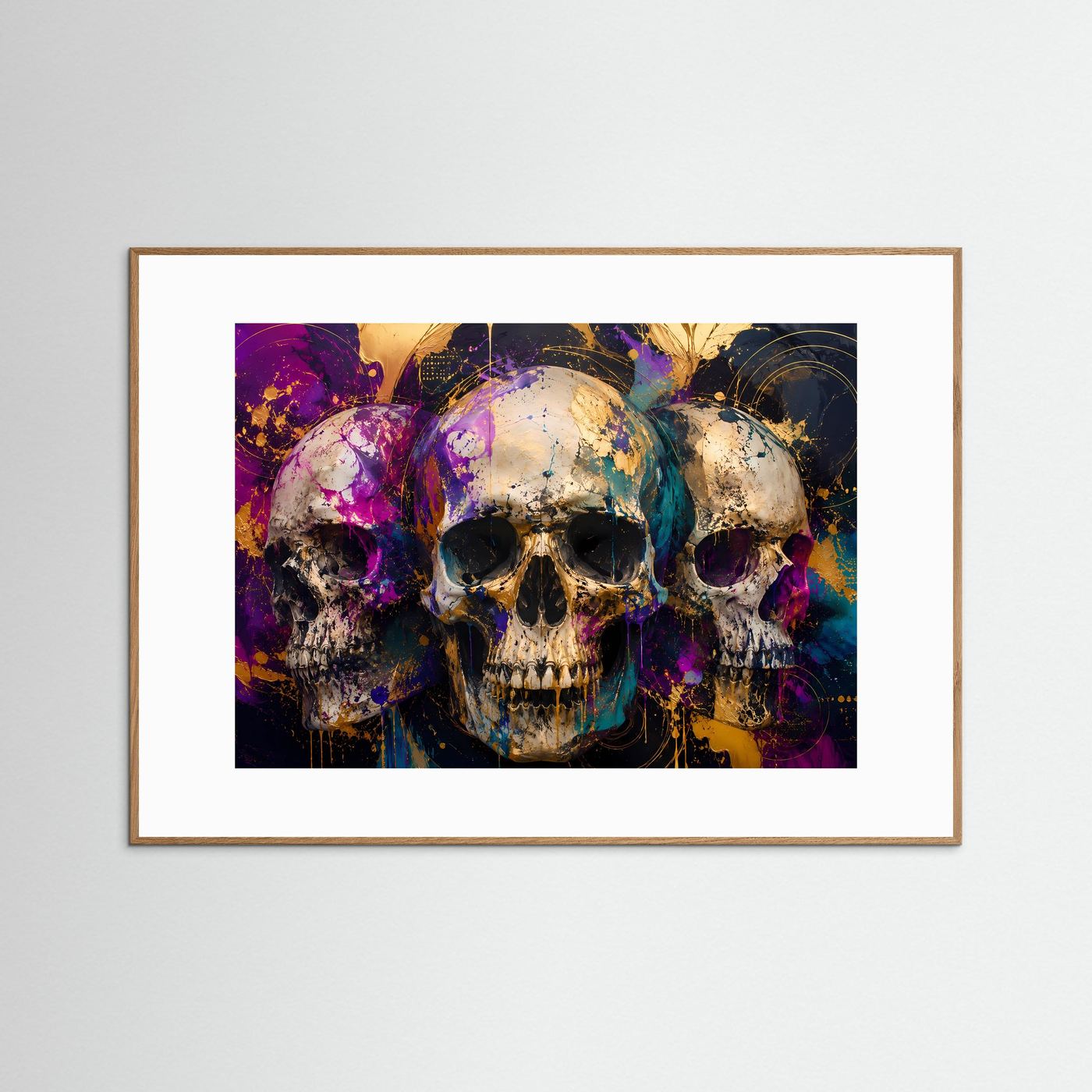 Mystische Totenköpfe mit Gold & Farbexplosion | Modernes Gothic & Abstraktes Poster im Querformat