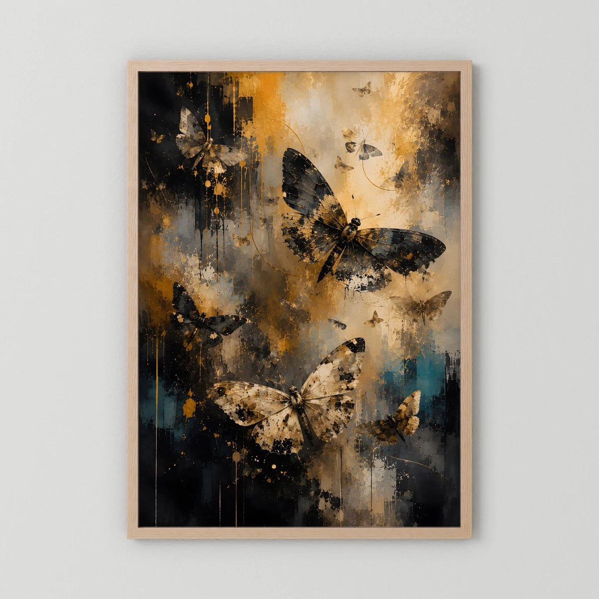 Wandbild mit abstrakten Schmetterlingen, Holzrahmen hell, Schwarz-Gold mit Blauverlauf