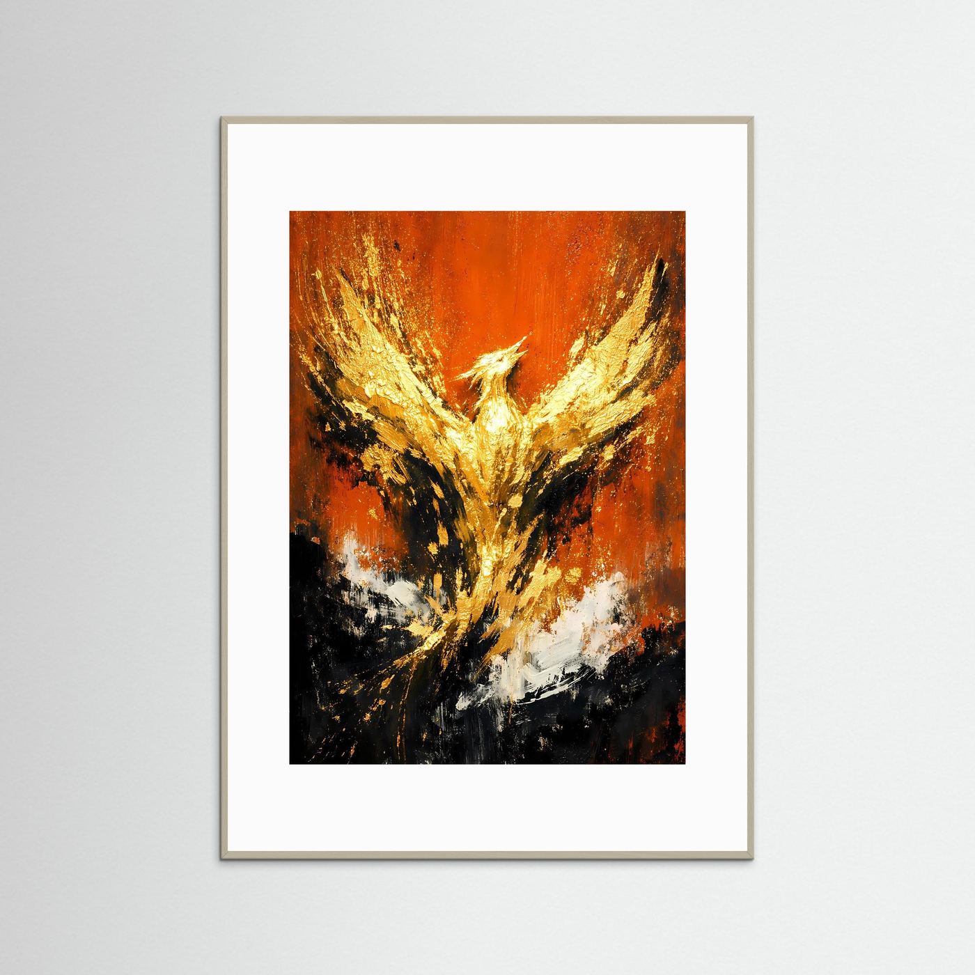 Abstraktes Phönix-Kunstposter (Hochformat) mit Gold-Orange Flügeln, grauer Rahmen