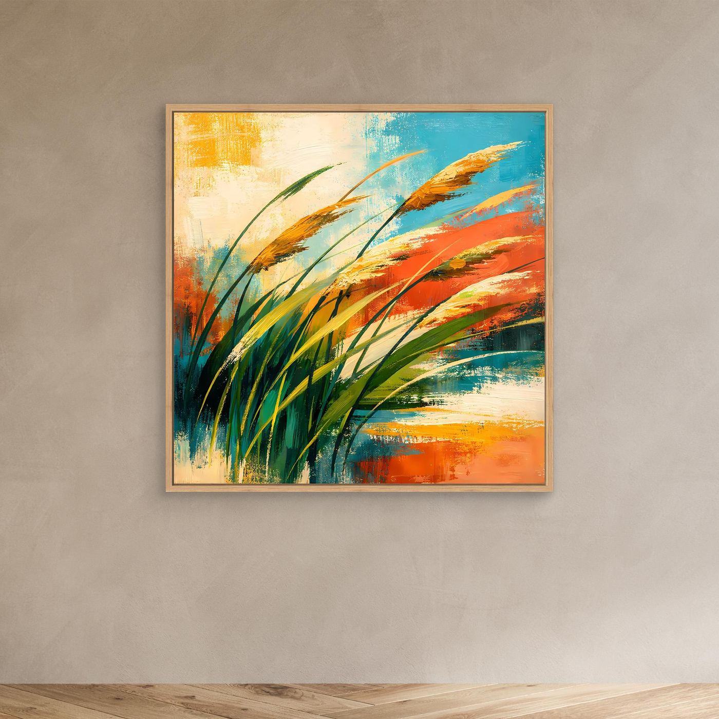 Kleines Leinwandbild mit abstrakten Gräsern (Grün, Orange, Blau) im Eichenrahmen