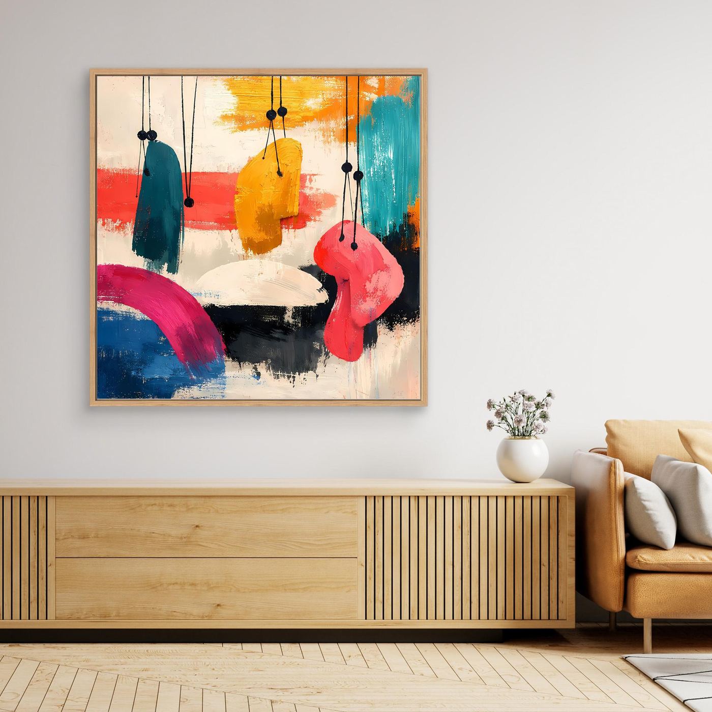 Framed abstract wall painting with colorful hanging organic forms above a light wood cabinet