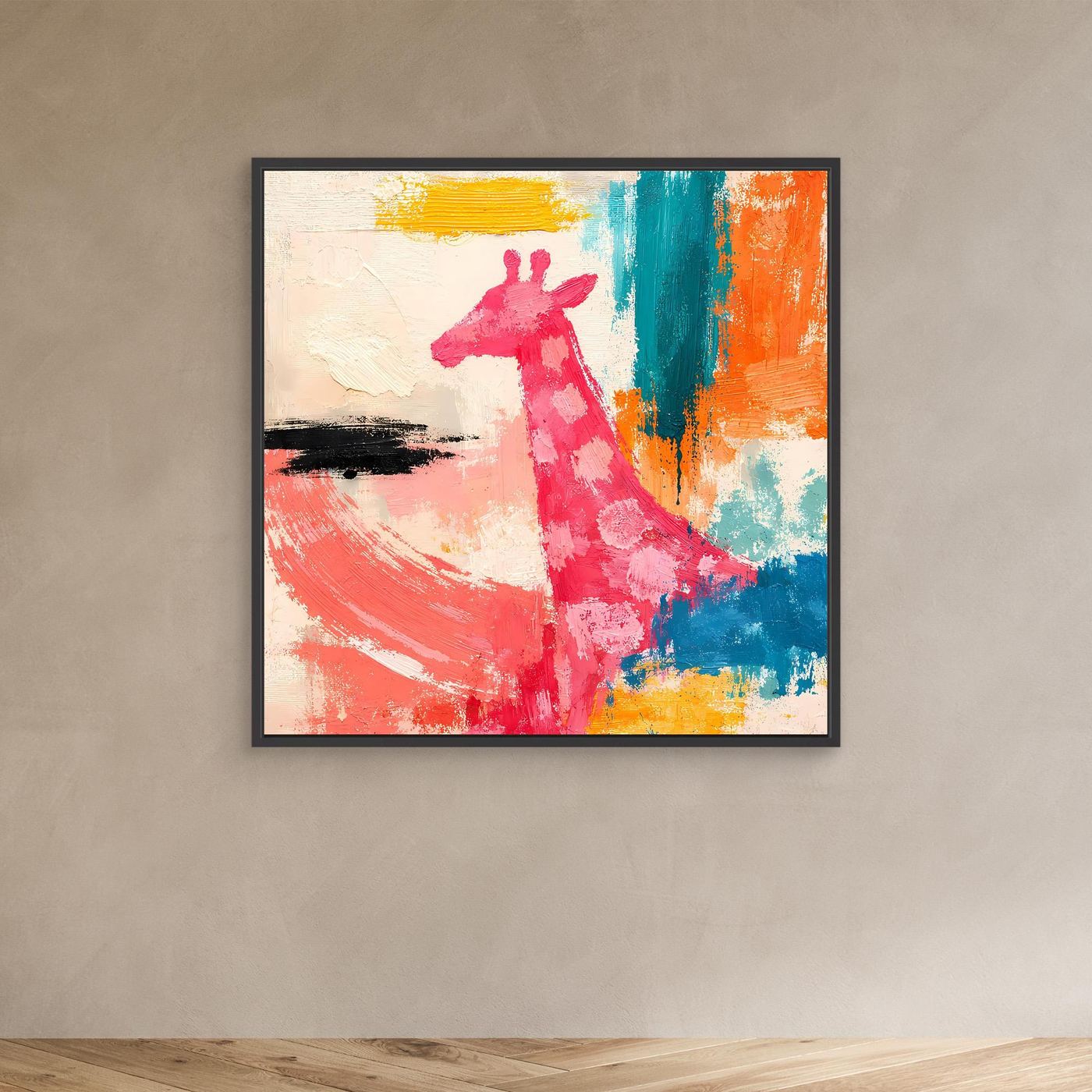 Leinwand-Wandbild mit abstrakter Giraffe im Pop-Art-Stil, pinke Figur im schwarzen Rahmen