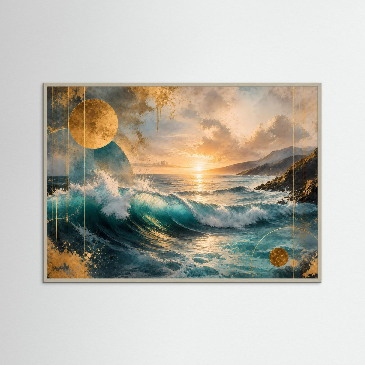 Poster im Querformat mit türkisblauen Wellen, gold-braunem Himmel und Sonne am Horizont