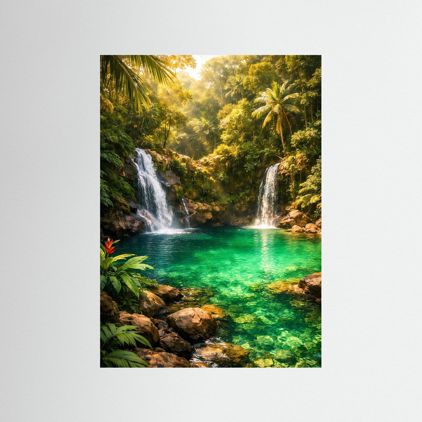 Dschungel-Poster mit smaragdgrünem Fluss, Wasserfällen und tropischem Grün im Hochformat