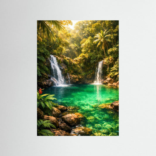 Dschungel-Poster mit smaragdgrünem Fluss, Wasserfällen und tropischem Grün im Hochformat