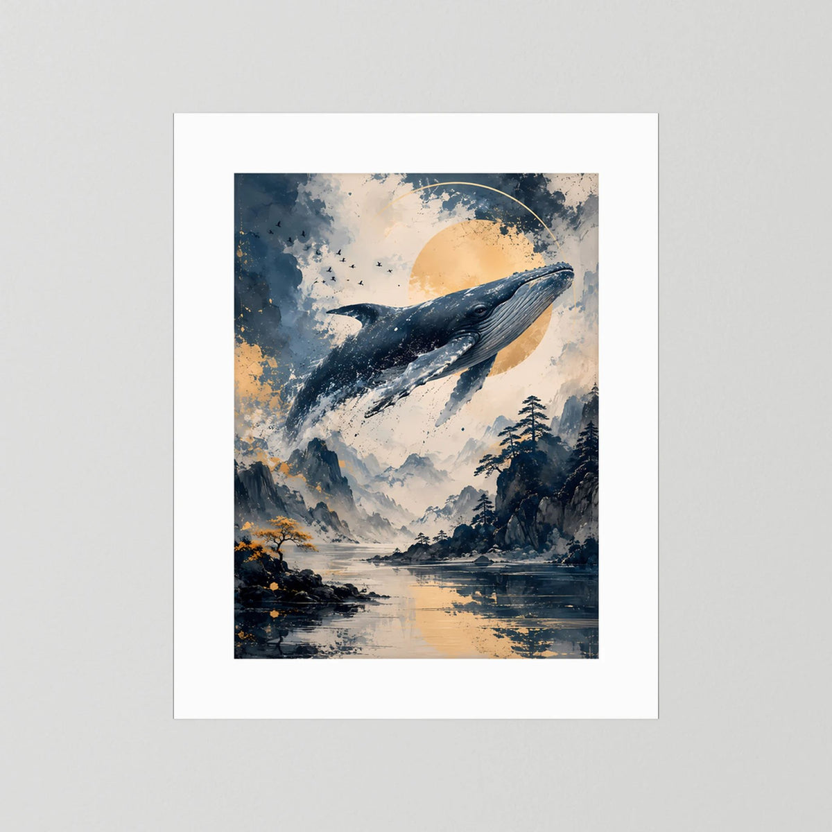 Poster im Hochformat mit Wal-Motiv in Blau und Creme mit weißem Rand ohne Außenrahmen