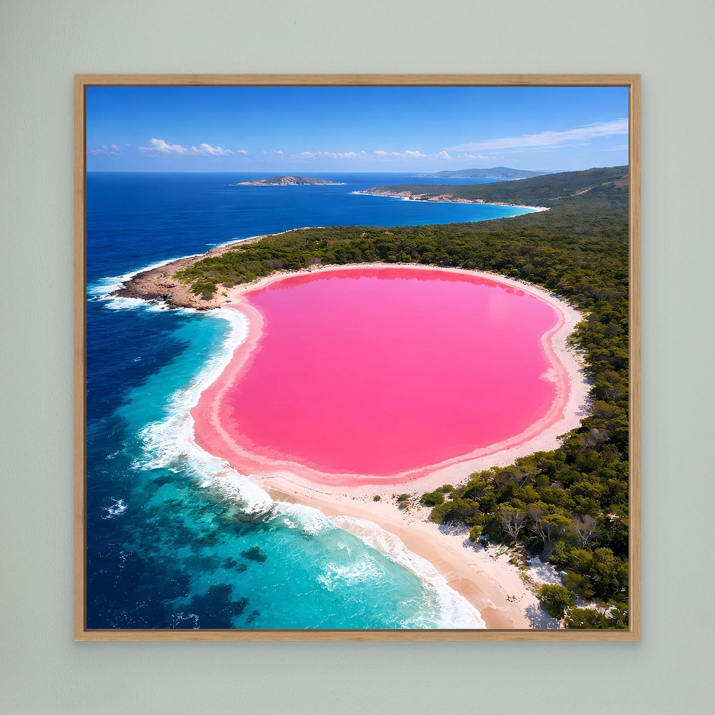 Leinwandbild mit rosa See und Küstenlinie im Querformat, Eichenrahmen