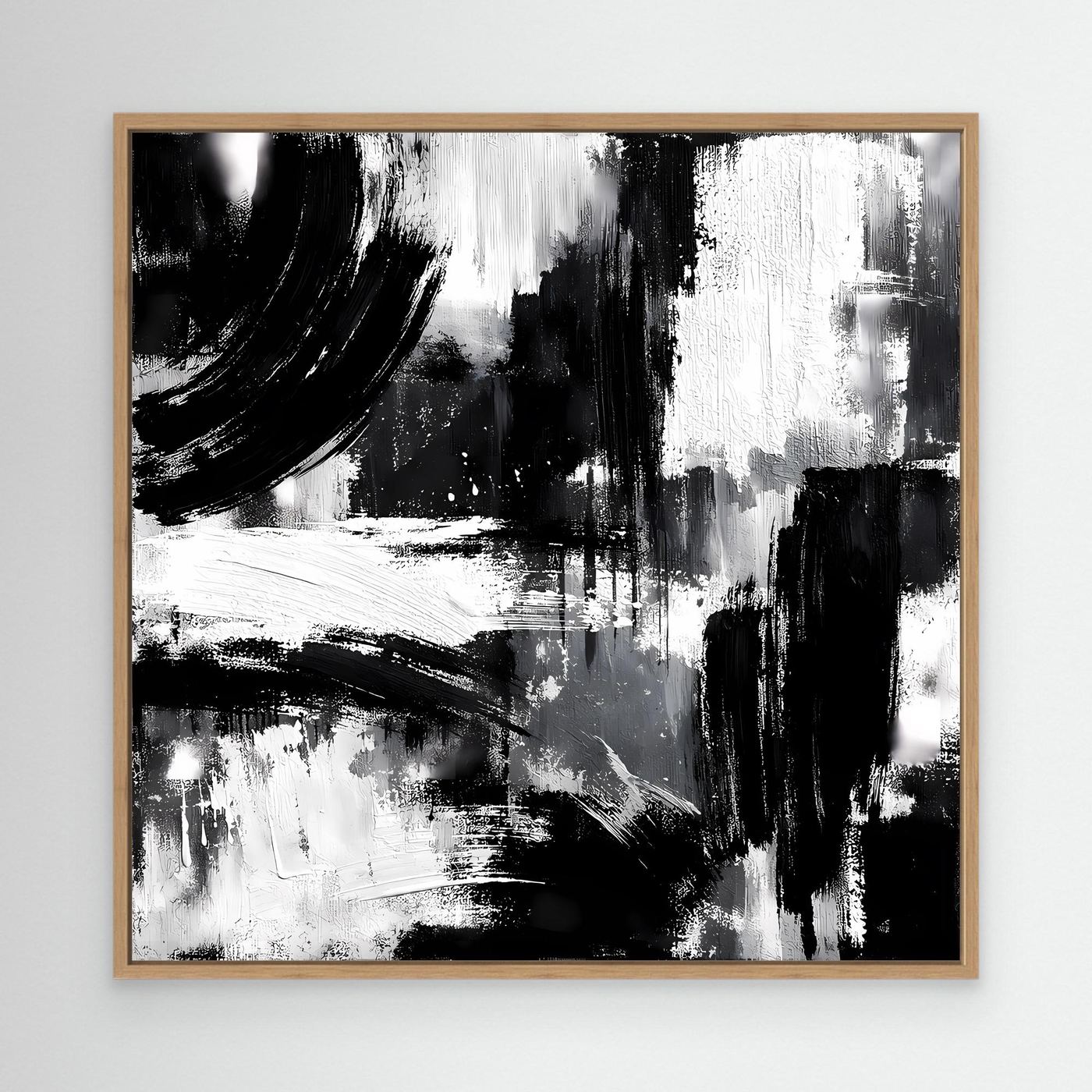 Abstract black-and-white canvas painting with brush strokes in oak frame